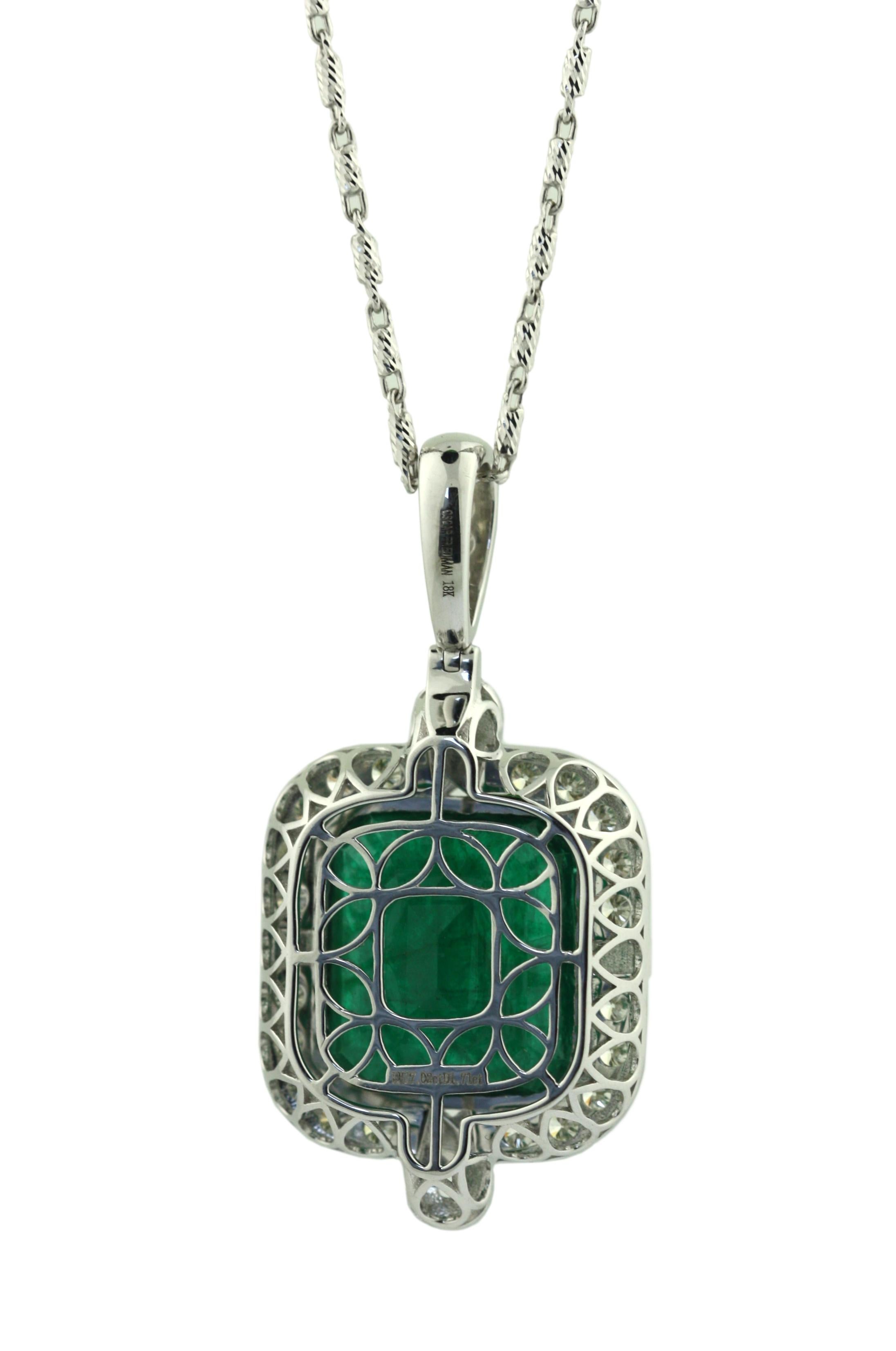 
18K White Gold Emerald and Diamond Pendant Necklace 
Featuring a Green Octagonal Step-Cut Natural Emerald beryl and Diamond Pendant
With Translucent Transparency and Excellent Symmetry 
Measuring 16.79 x 15.14 x 8.32 mm 
Weighing 17.02 carats