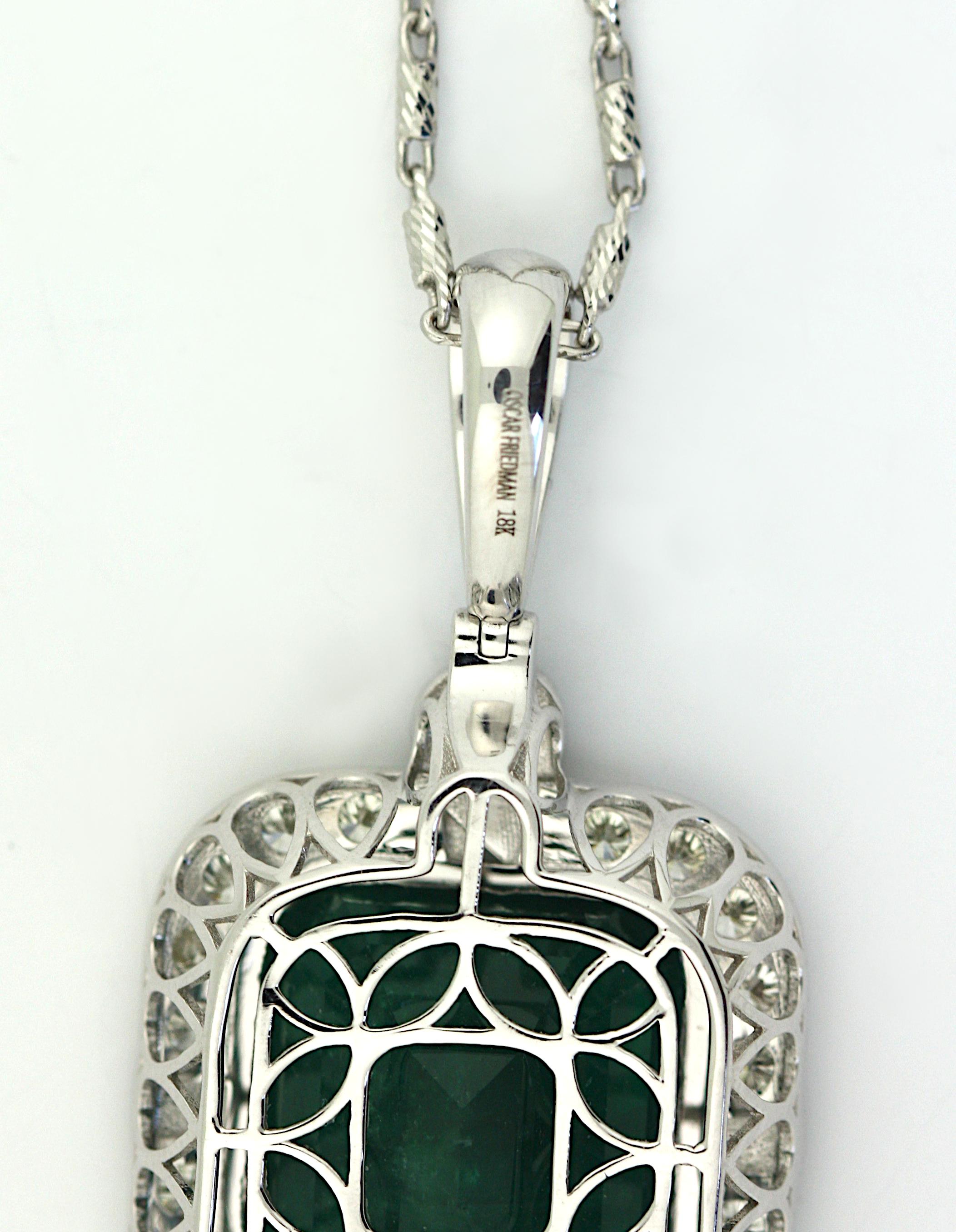 Emerald Cut 18K White Gold Emerald and Diamond Pendant Necklace  For Sale