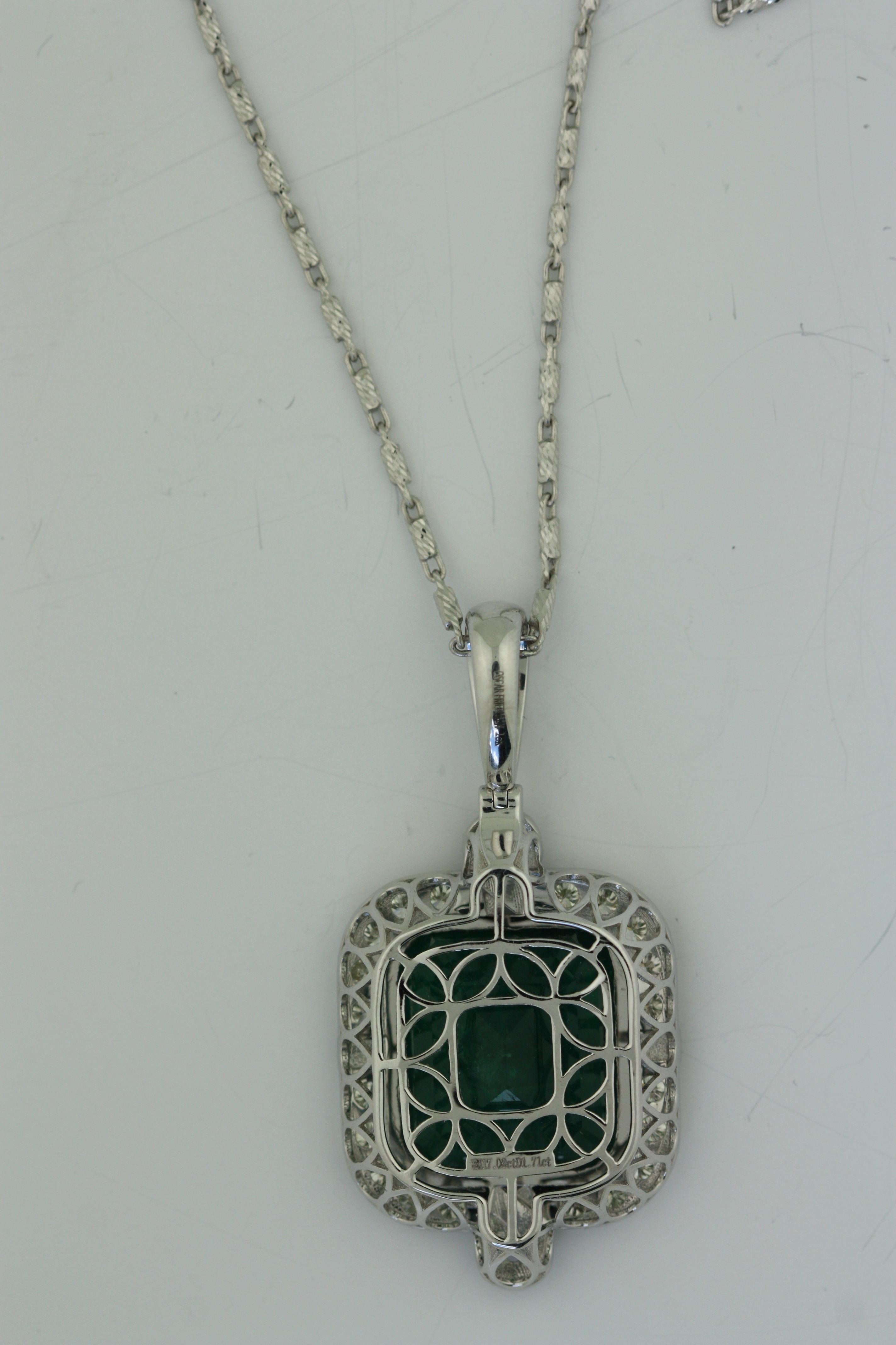 Women's or Men's 18K White Gold Emerald and Diamond Pendant Necklace  For Sale