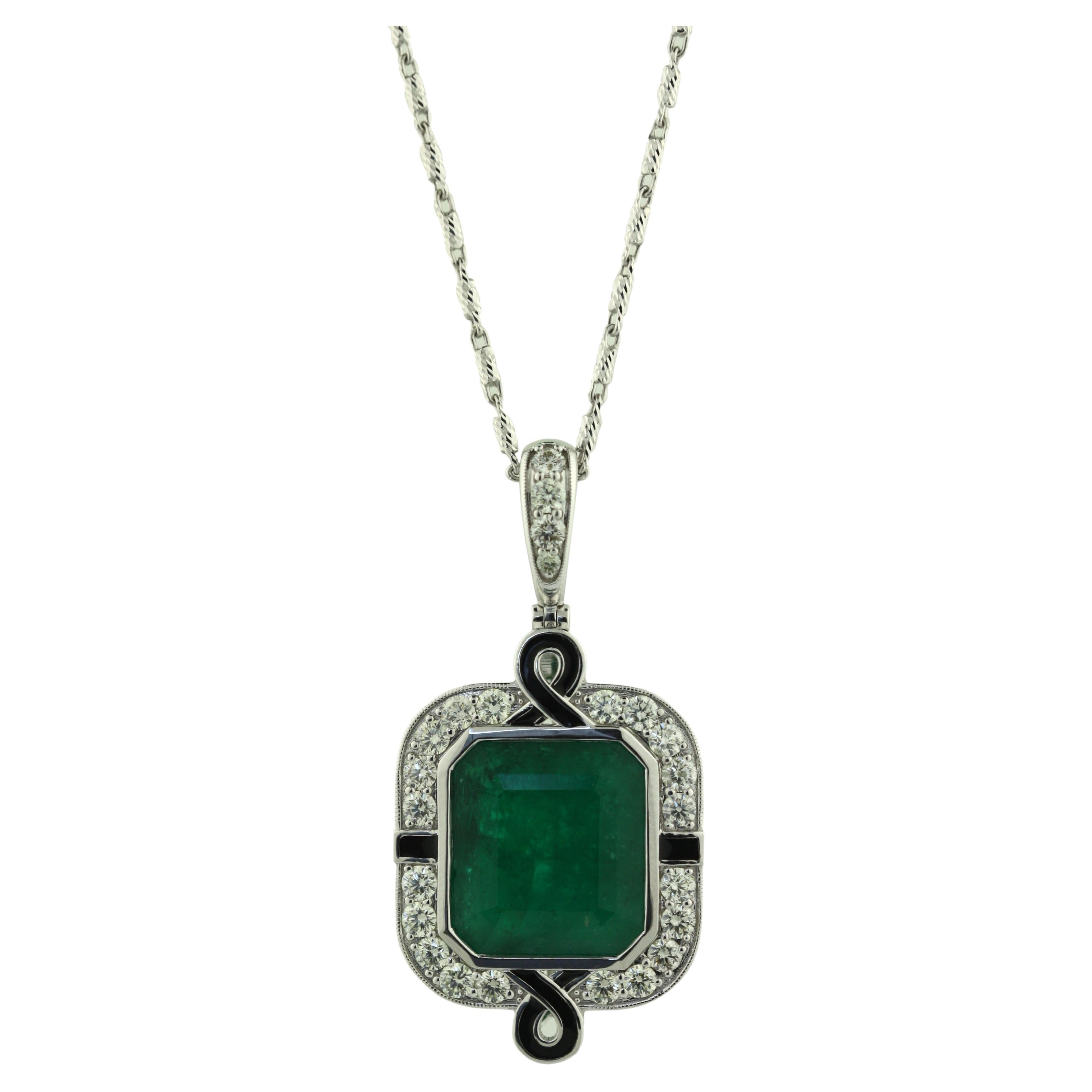18K White Gold Emerald and Diamond Pendant Necklace 