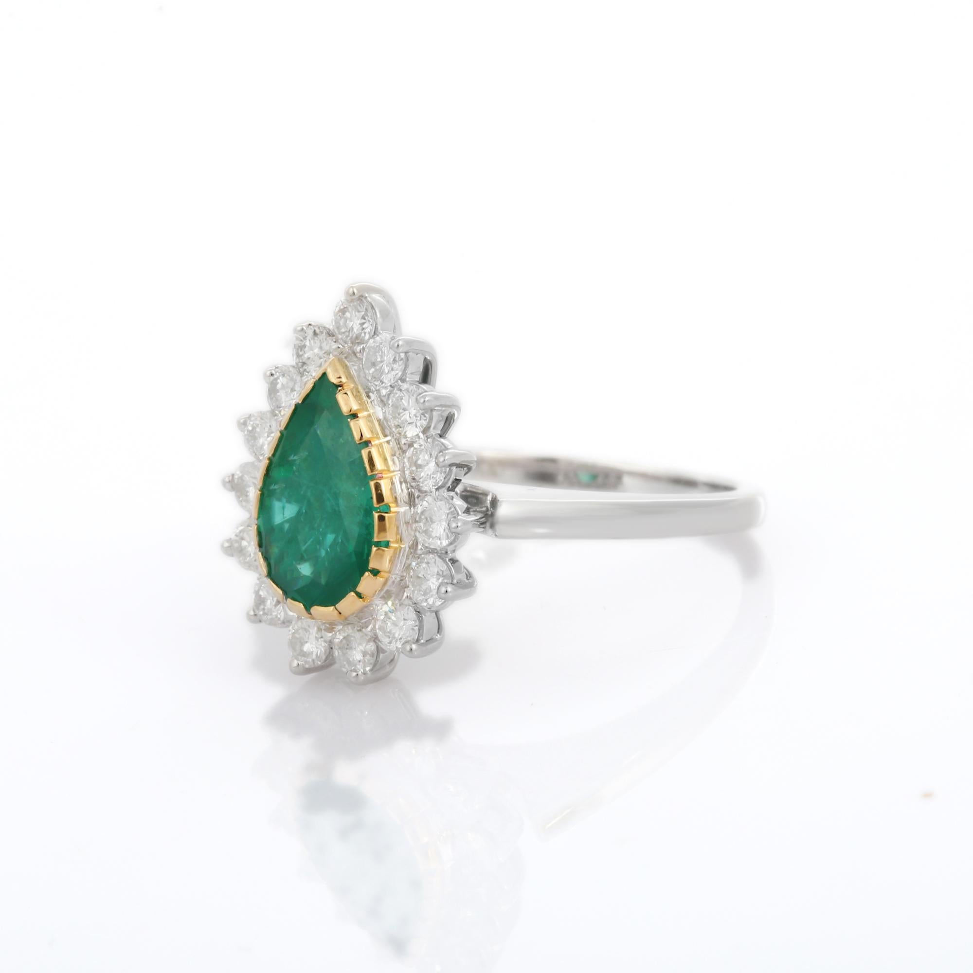 For Sale:  Statement 18k Solid White Gold Pear Emerald Halo Wedding Ring with Diamonds 2