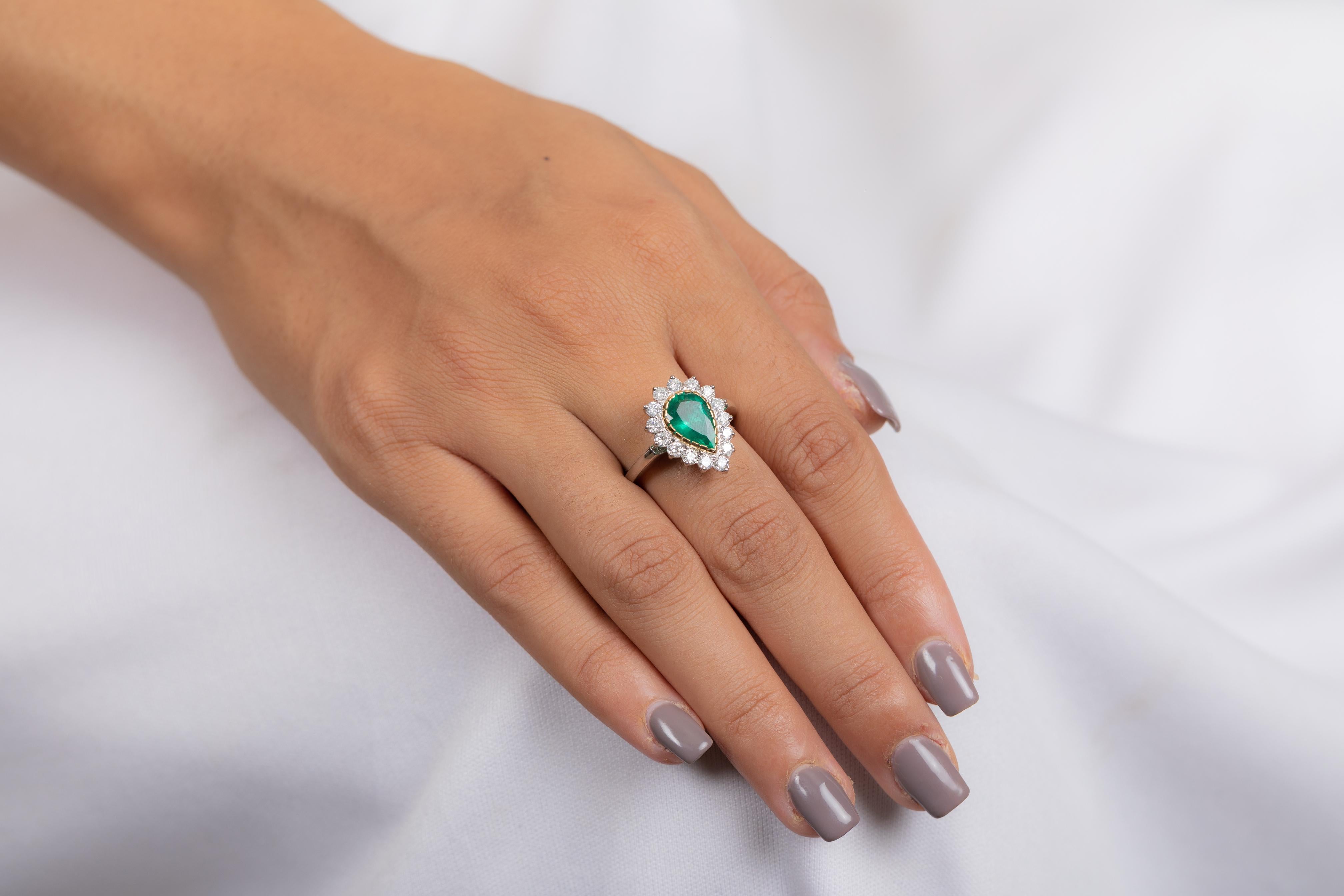 For Sale:  Statement 18k Solid White Gold Pear Emerald Halo Wedding Ring with Diamonds 3