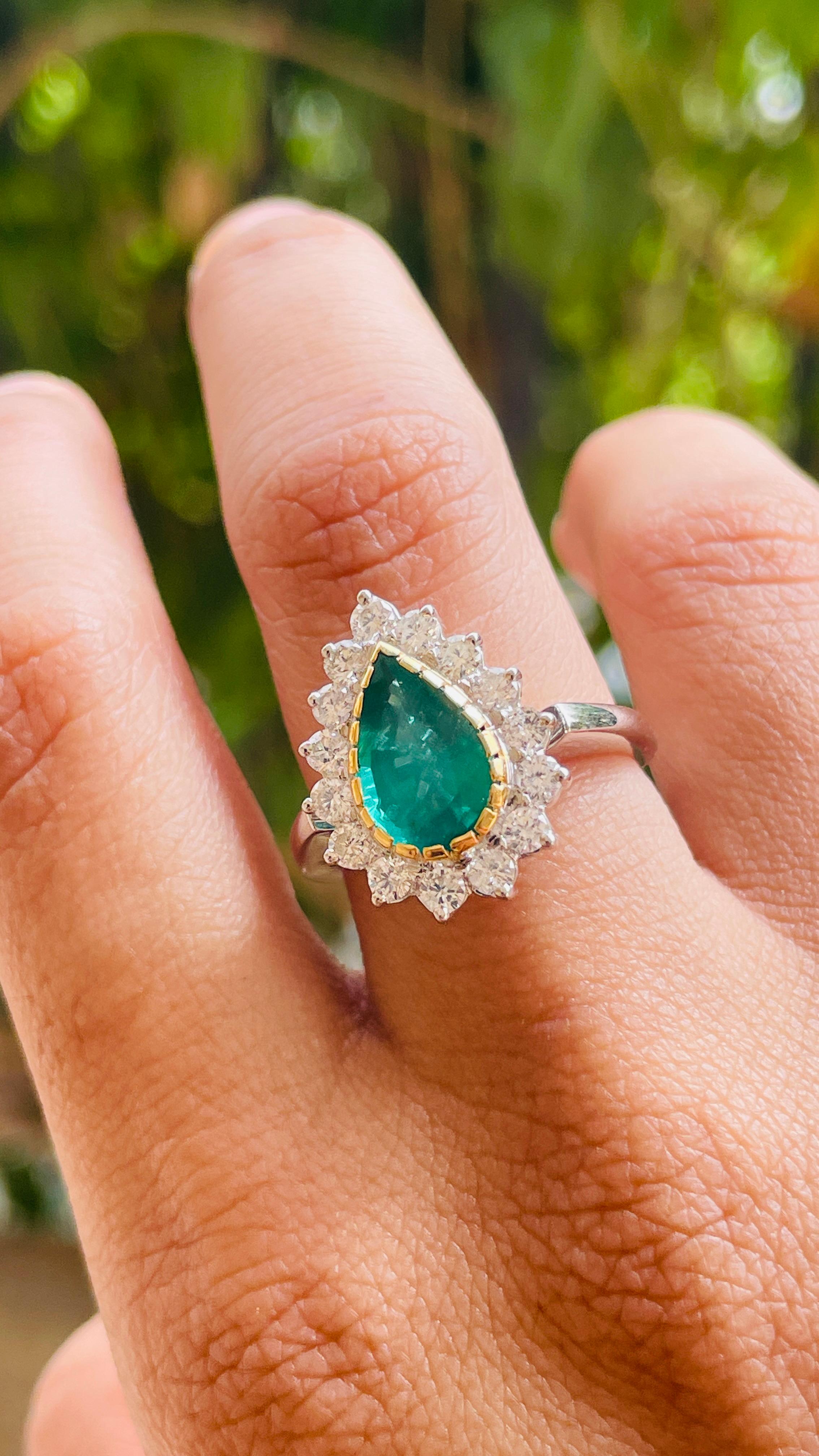 For Sale:  Statement 18k Solid White Gold Pear Emerald Halo Wedding Ring with Diamonds 4