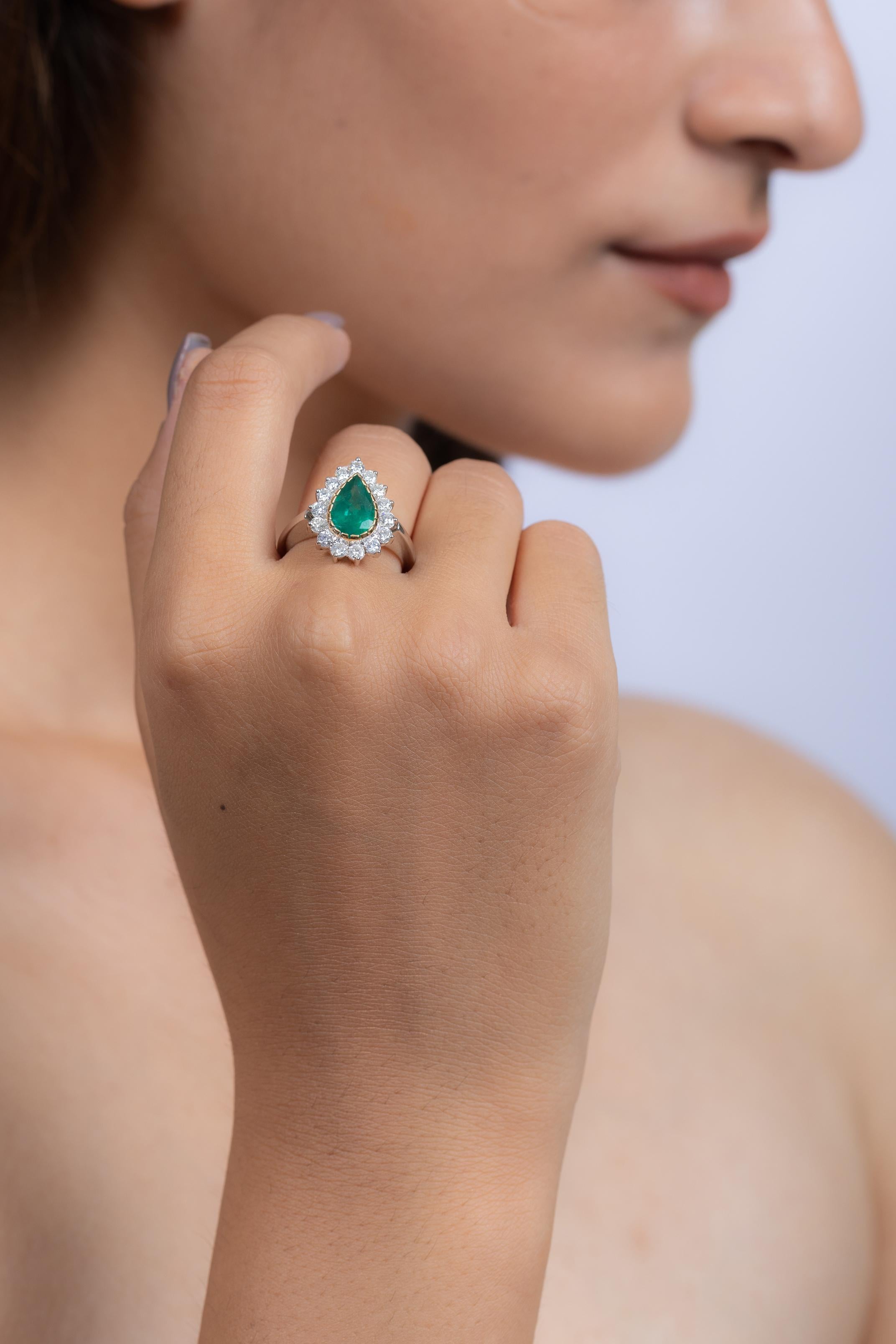For Sale:  Statement 18k Solid White Gold Pear Emerald Halo Wedding Ring with Diamonds 6
