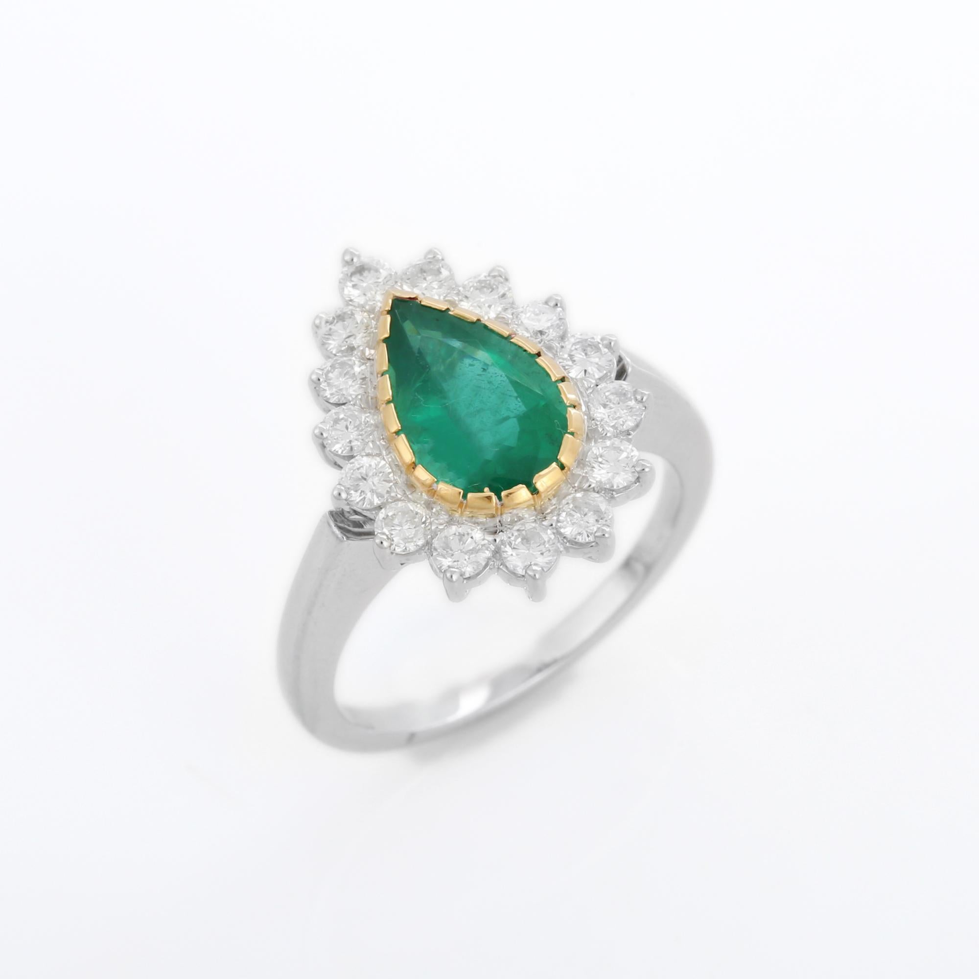 For Sale:  Statement 18k Solid White Gold Pear Emerald Halo Wedding Ring with Diamonds 7