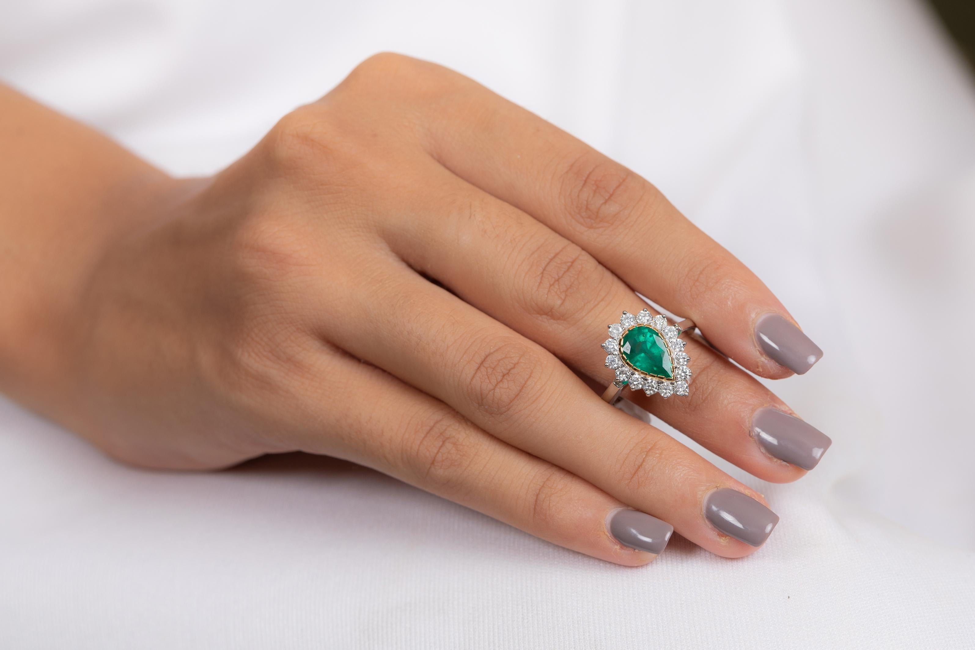 For Sale:  Statement 18k Solid White Gold Pear Emerald Halo Wedding Ring with Diamonds 8