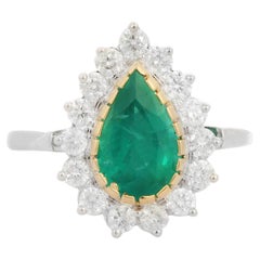 Statement 18k Solid White Gold Pear Emerald Halo Wedding Ring with Diamonds