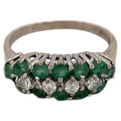 18K White Gold Emerald and Diamond Ring Layered Fan Like Cluster