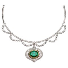 18K White Gold Emerald and Diamond Statement Necklace