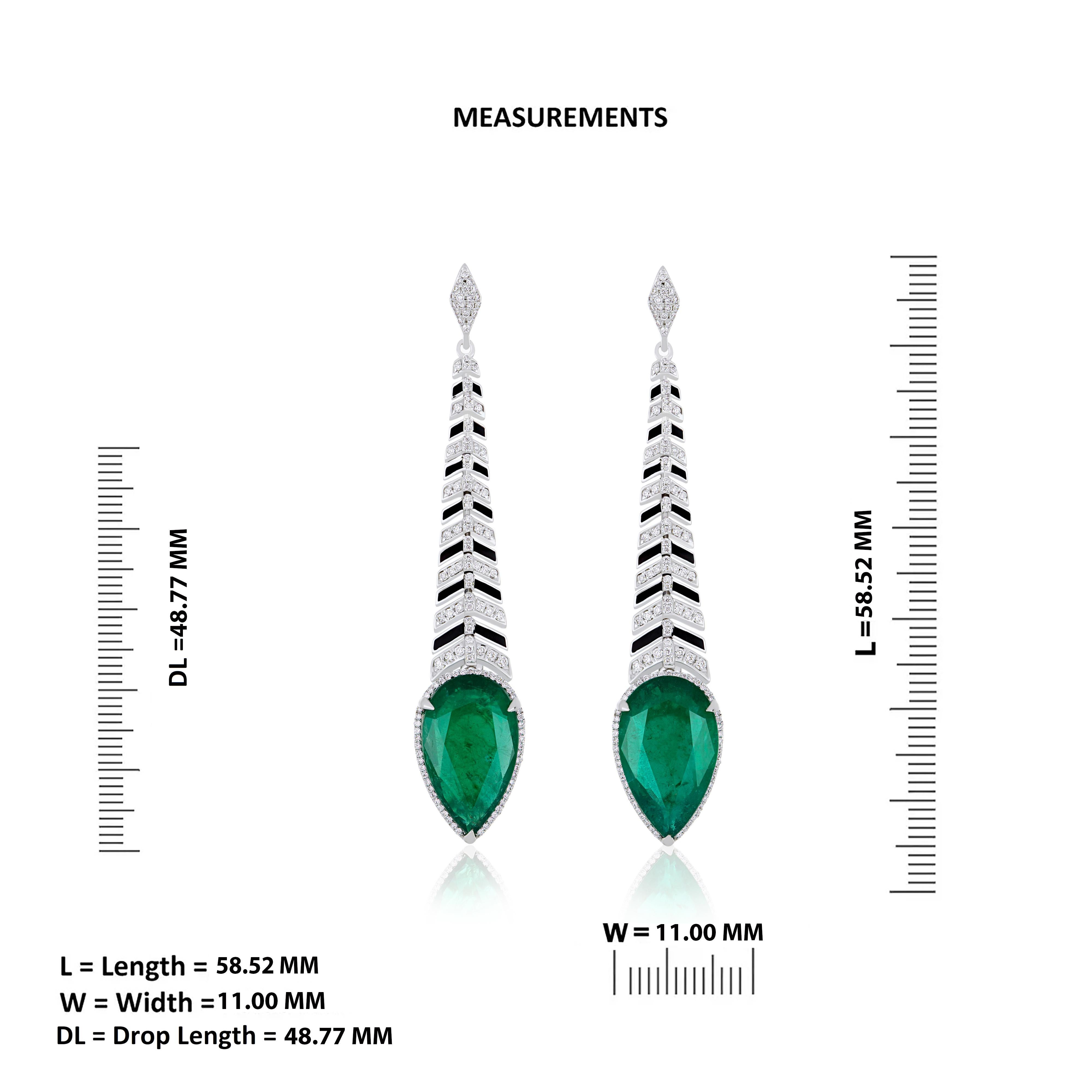 Pear Cut 18K White Gold Emerald and Diamond Studded Earring with Enamel For Sale