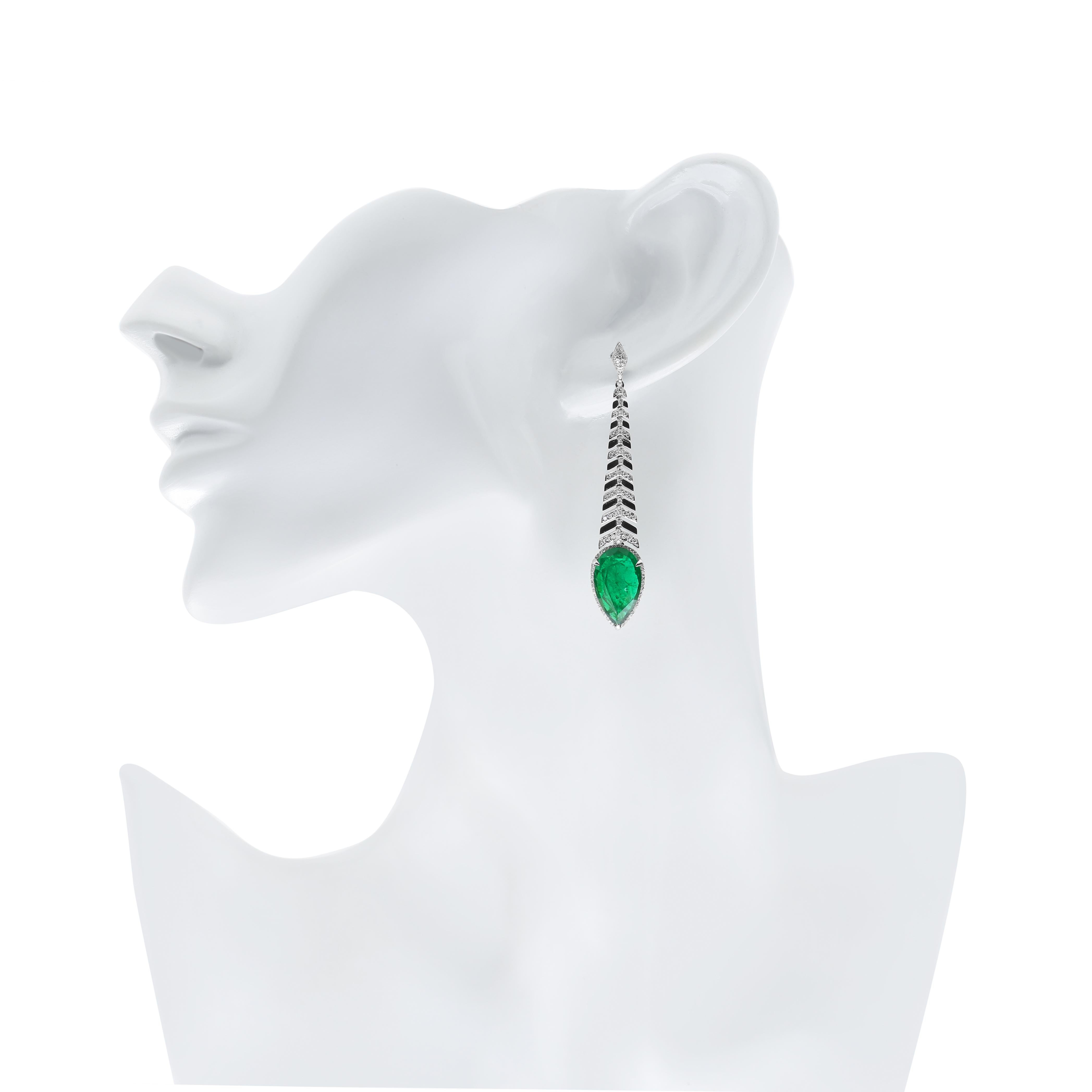 Women's 18K White Gold Emerald and Diamond Studded Earring with Enamel For Sale