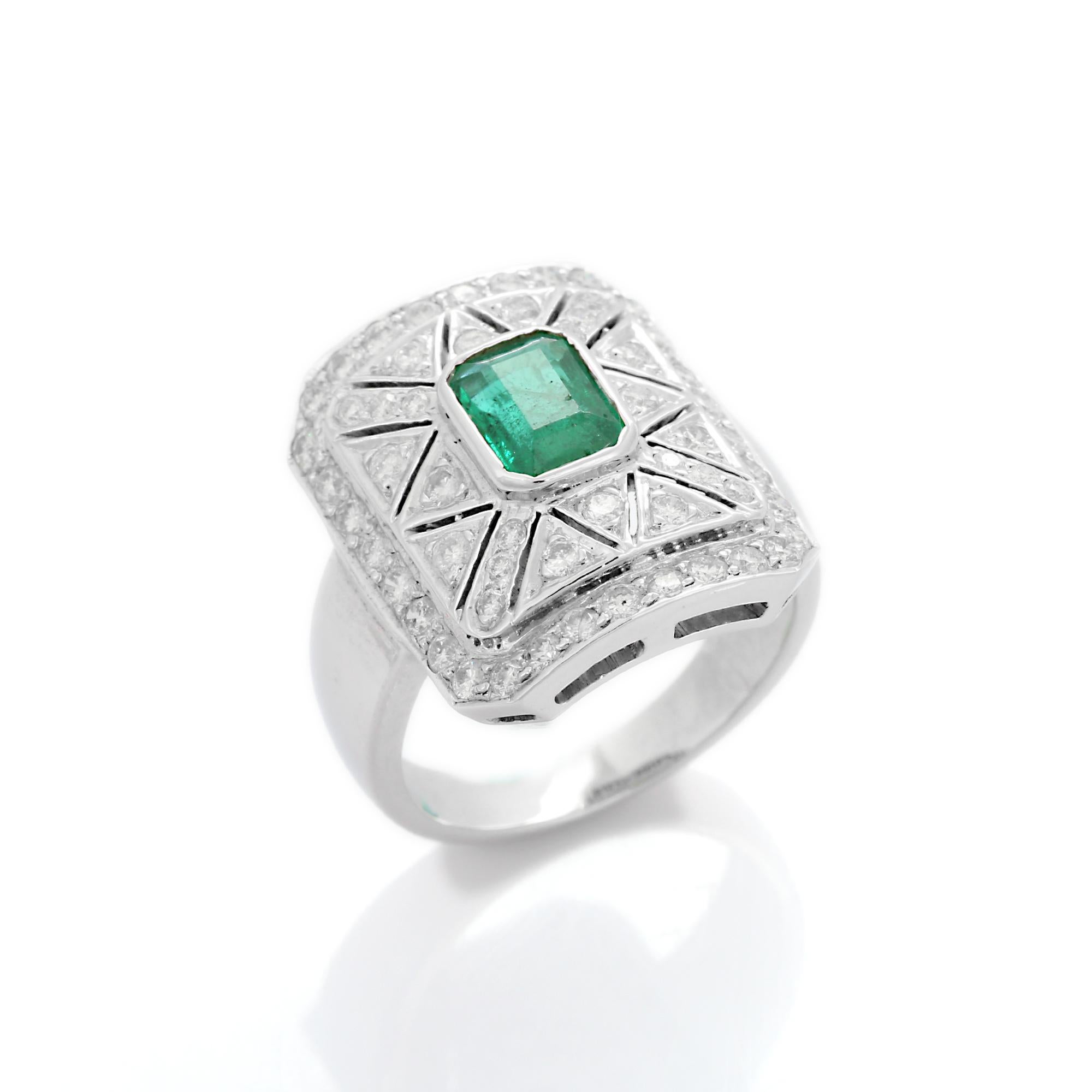 For Sale:  18K White Gold Emerald and Diamond Wedding Ring 7
