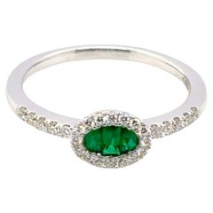 18k White Gold Emerald Baguette Cts 0.24 and Diamond Halo Engagement Ring