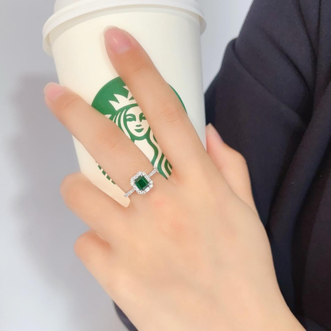 Baguette Cut 18K White Gold Emerald & Baguette Diamond Ring For Sale