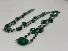 18k White Gold Emerald Bead Black Diamond Necklace