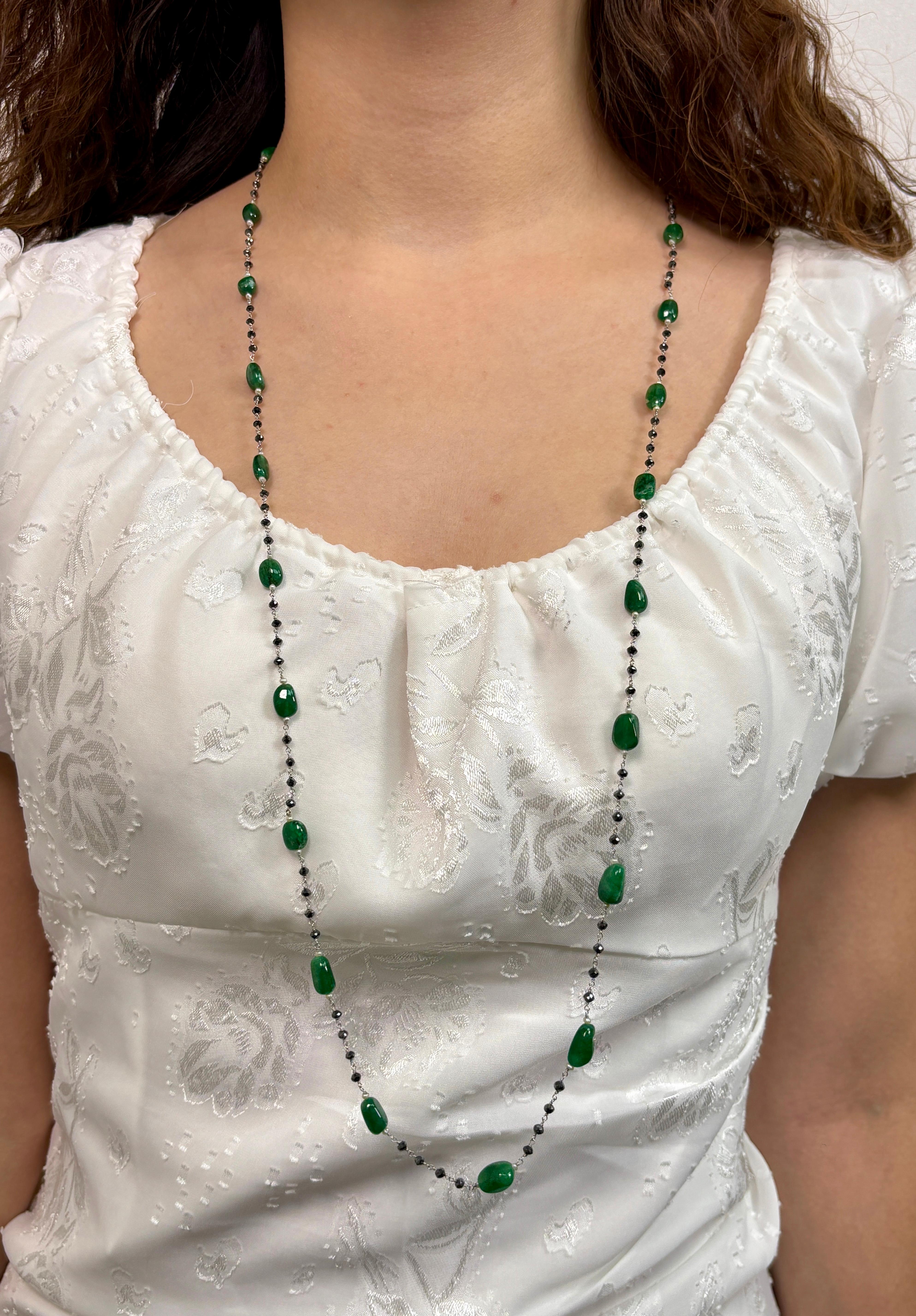 18k White Gold Emerald Bead Black Diamond Necklace