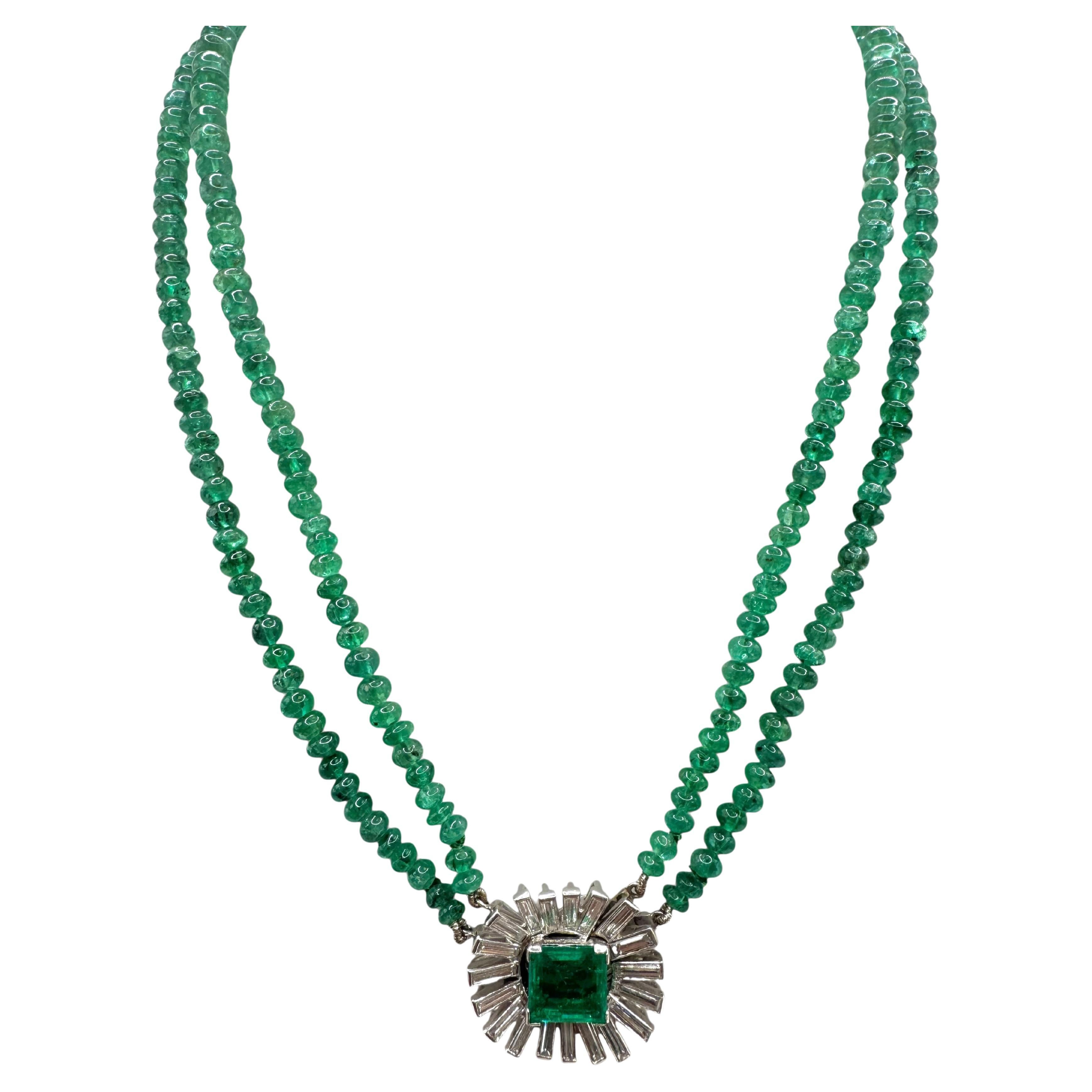18K White Gold Emerald Bead Necklace with Diamond and Emerald Centerpiece