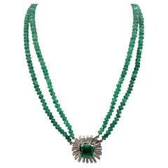 18K White Gold Emerald Bead Necklace with Diamond and Emerald Centerpiece