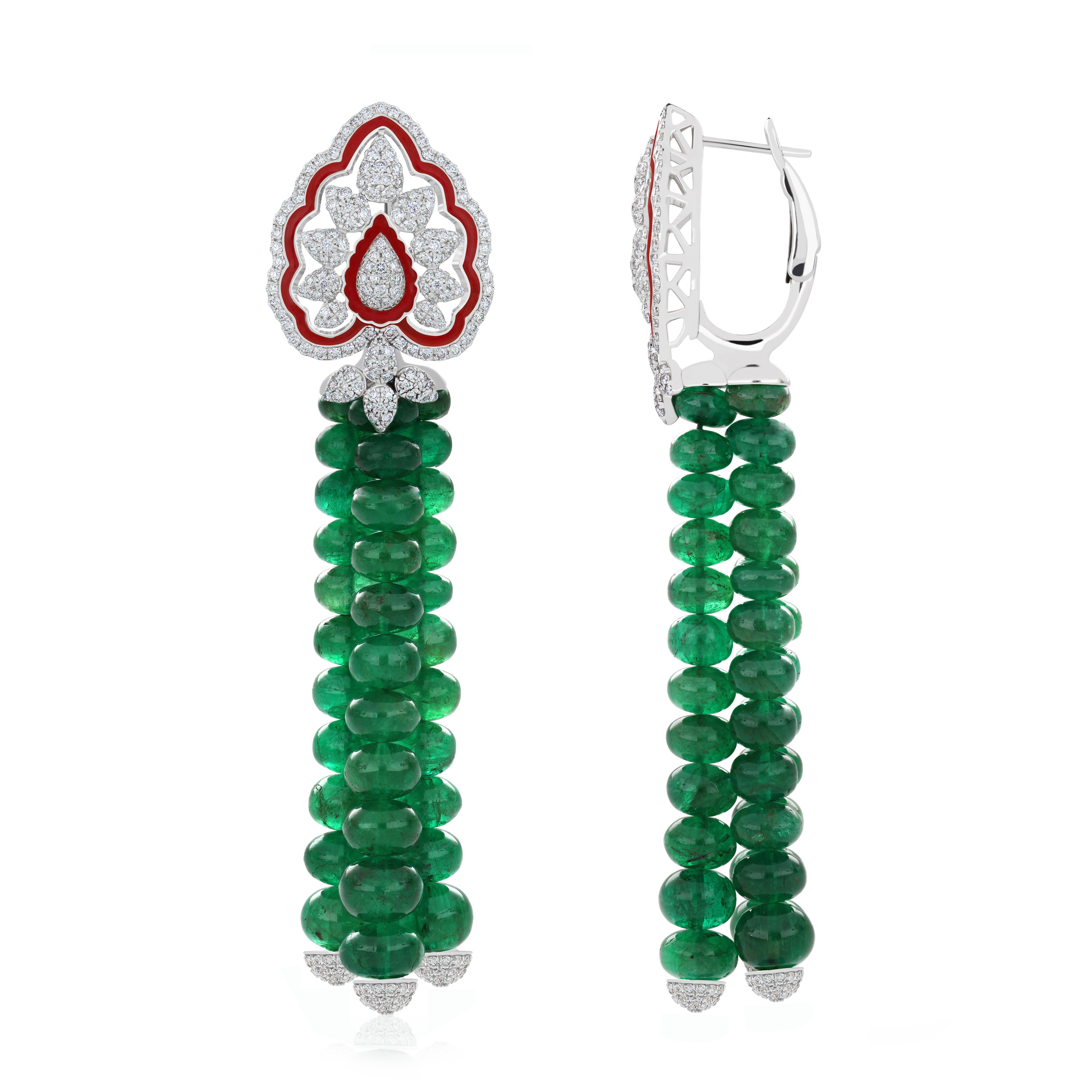Elegant and Exquisitely Detailed 18 Karat White Gold Earring. Set with Bead Emerald with approx. 109.6 Cts, accented with micro pave set Diamond with approx.  3.0 Cts, Further enhanced with contrasting Red Color enamel to bring out their character.