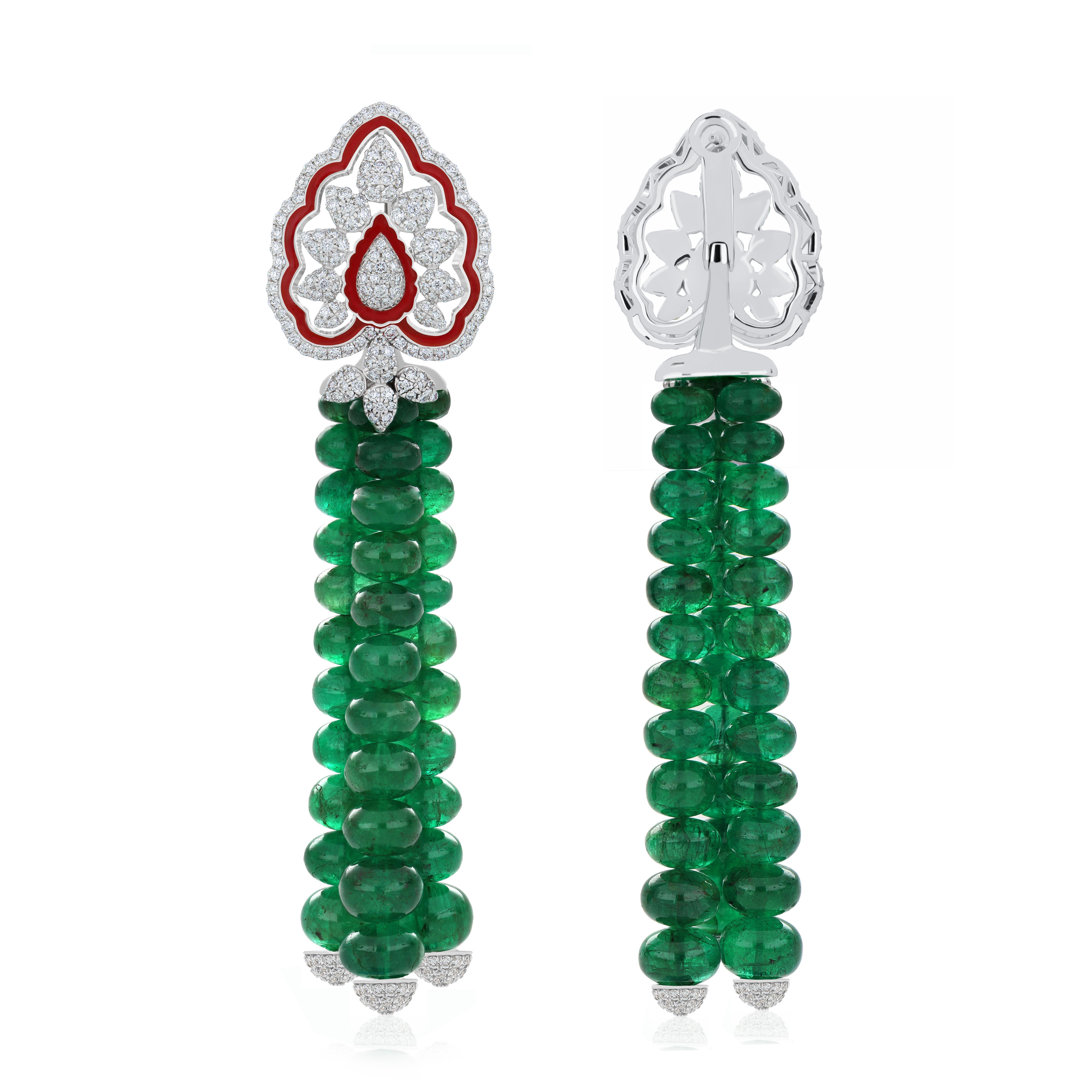 18K White Gold Emerald Beads and Diamond Studded Earrings with Enamel In New Condition For Sale In JAIPUR, IN