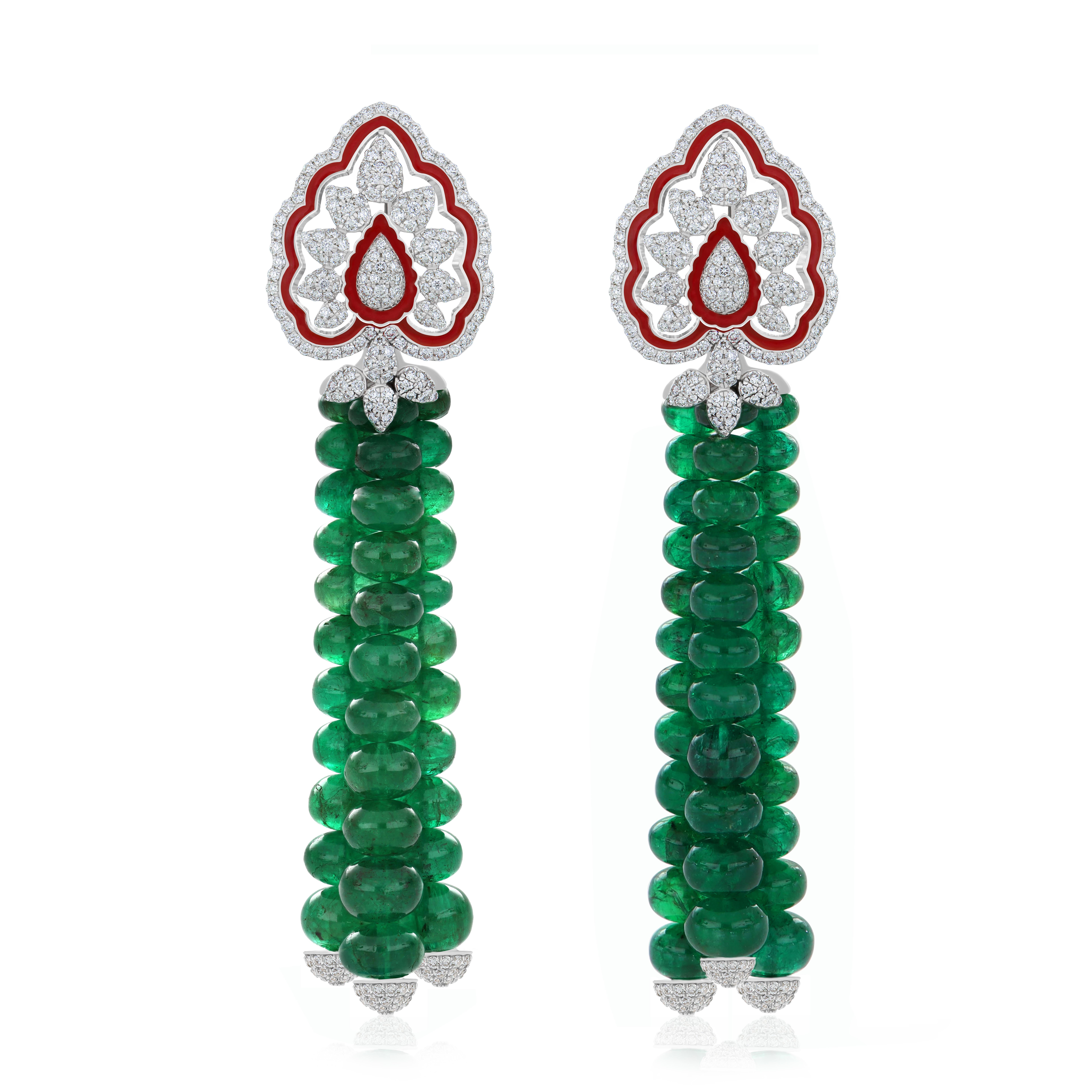 18K White Gold Emerald Beads and Diamond Studded Earrings with Enamel For Sale 1