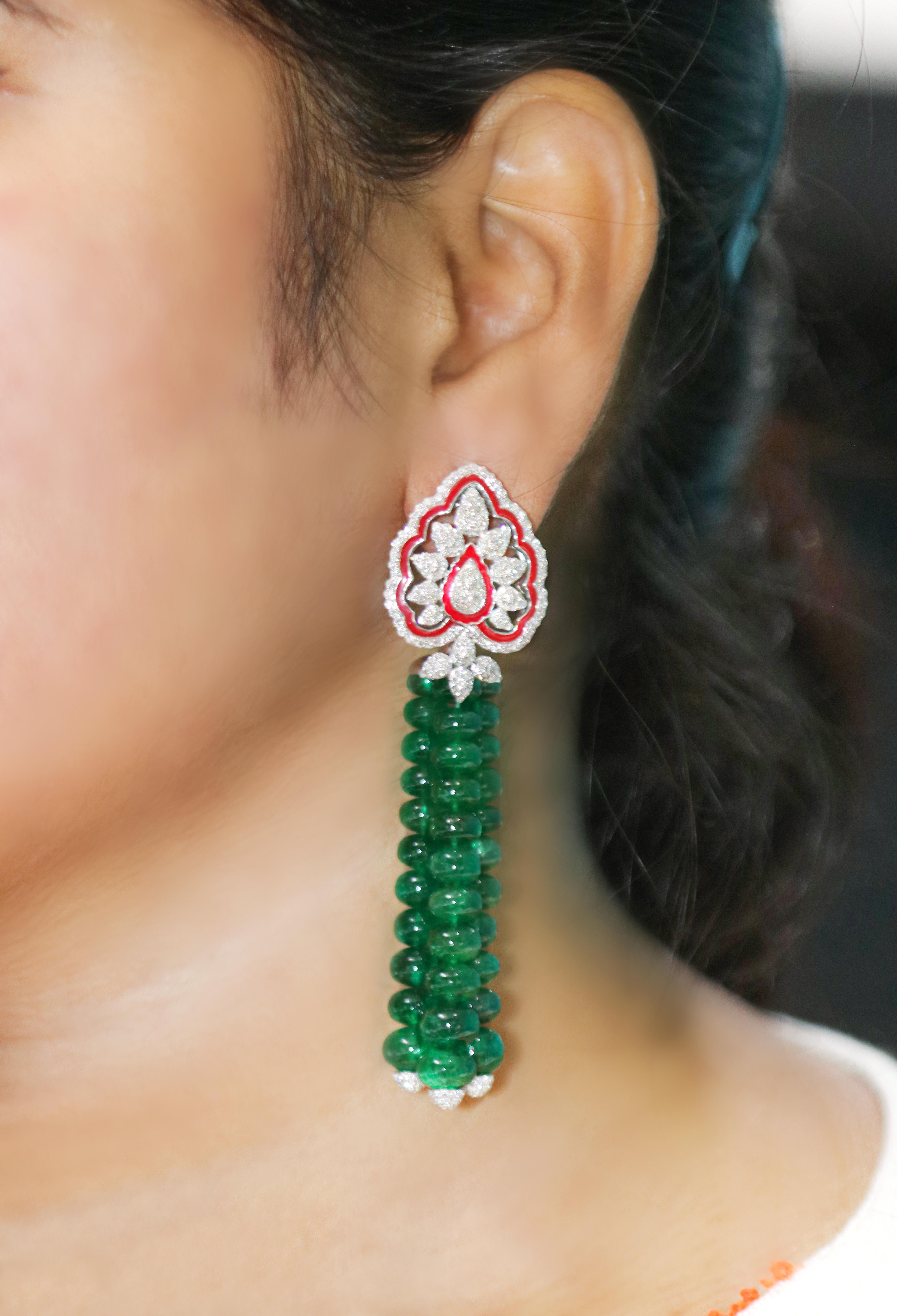 18K White Gold Emerald Beads and Diamond Studded Earrings with Enamel For Sale 2