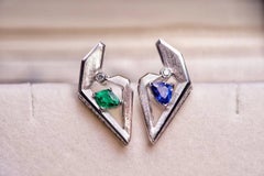 18K White Gold Emerald & Blue Sapphire A&B Stud Earrings with Diamonds