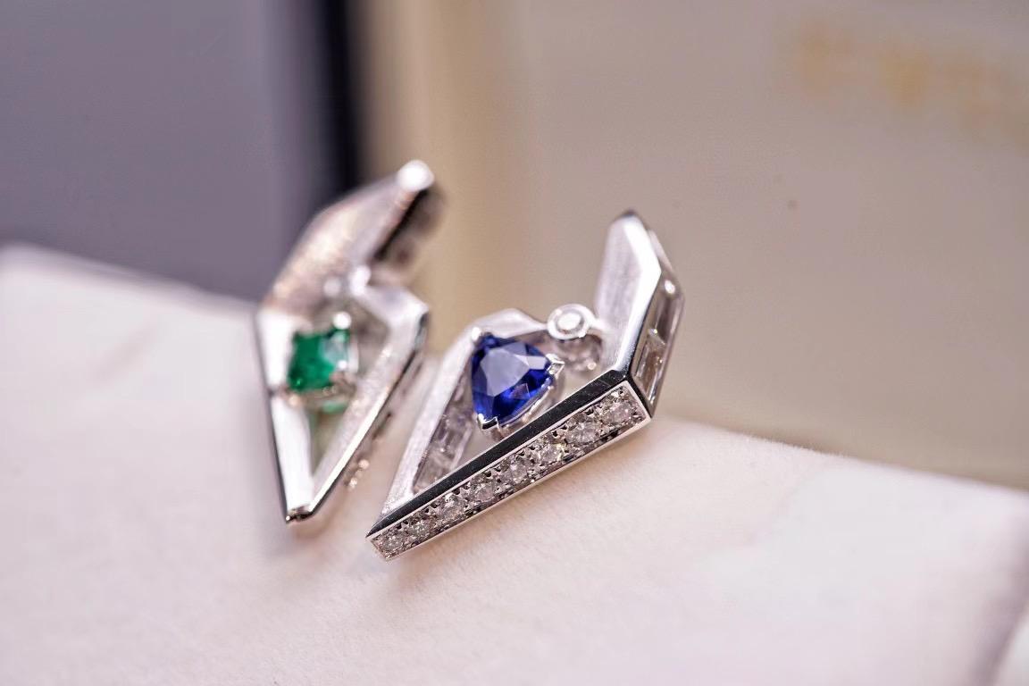 18K White Gold Emerald & Blue Sapphire A&B Stud Earrings with Diamonds For Sale 1