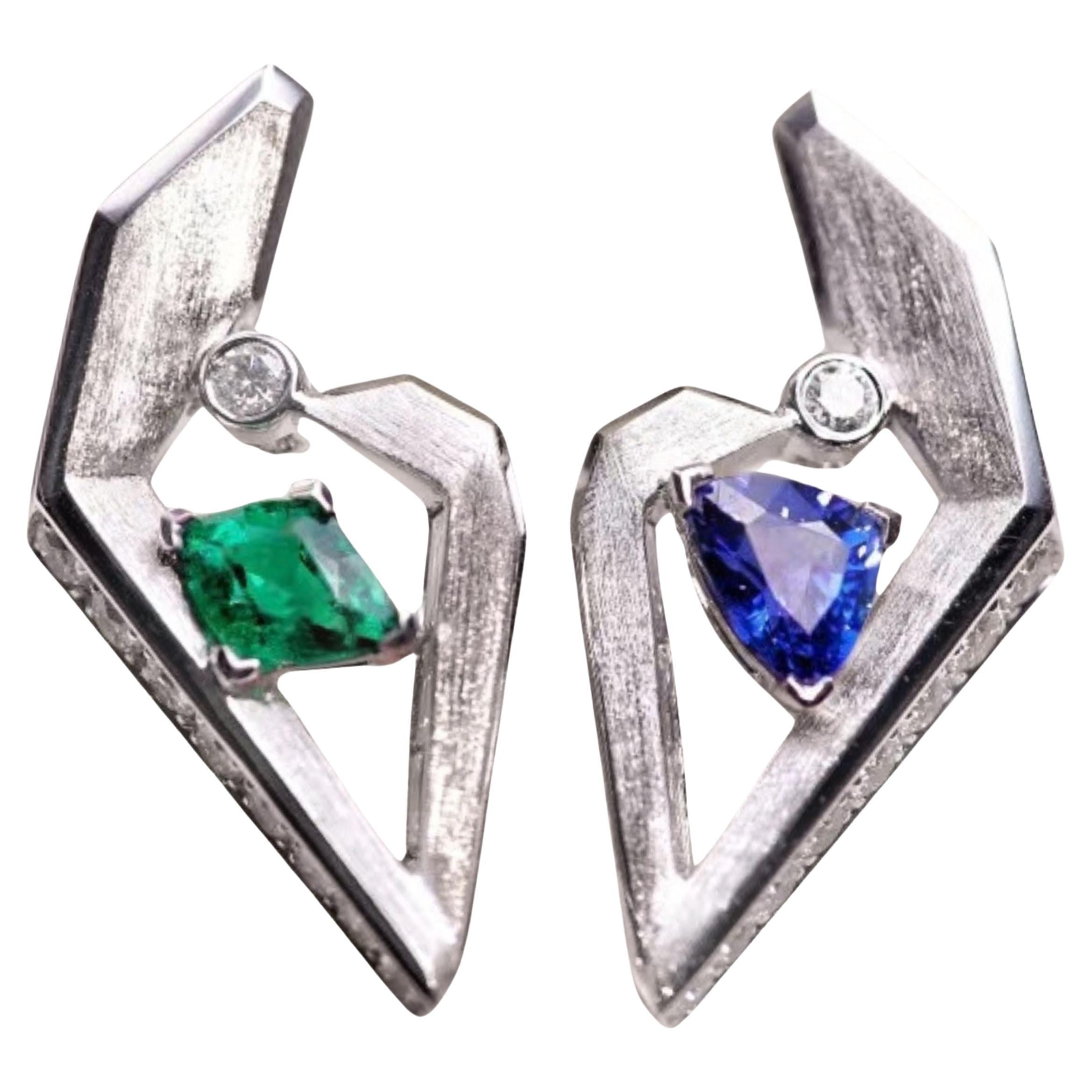 18K White Gold Emerald & Blue Sapphire A&B Stud Earrings with Diamonds