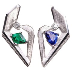 18K White Gold Emerald & Blue Sapphire A&B Stud Earrings with Diamonds