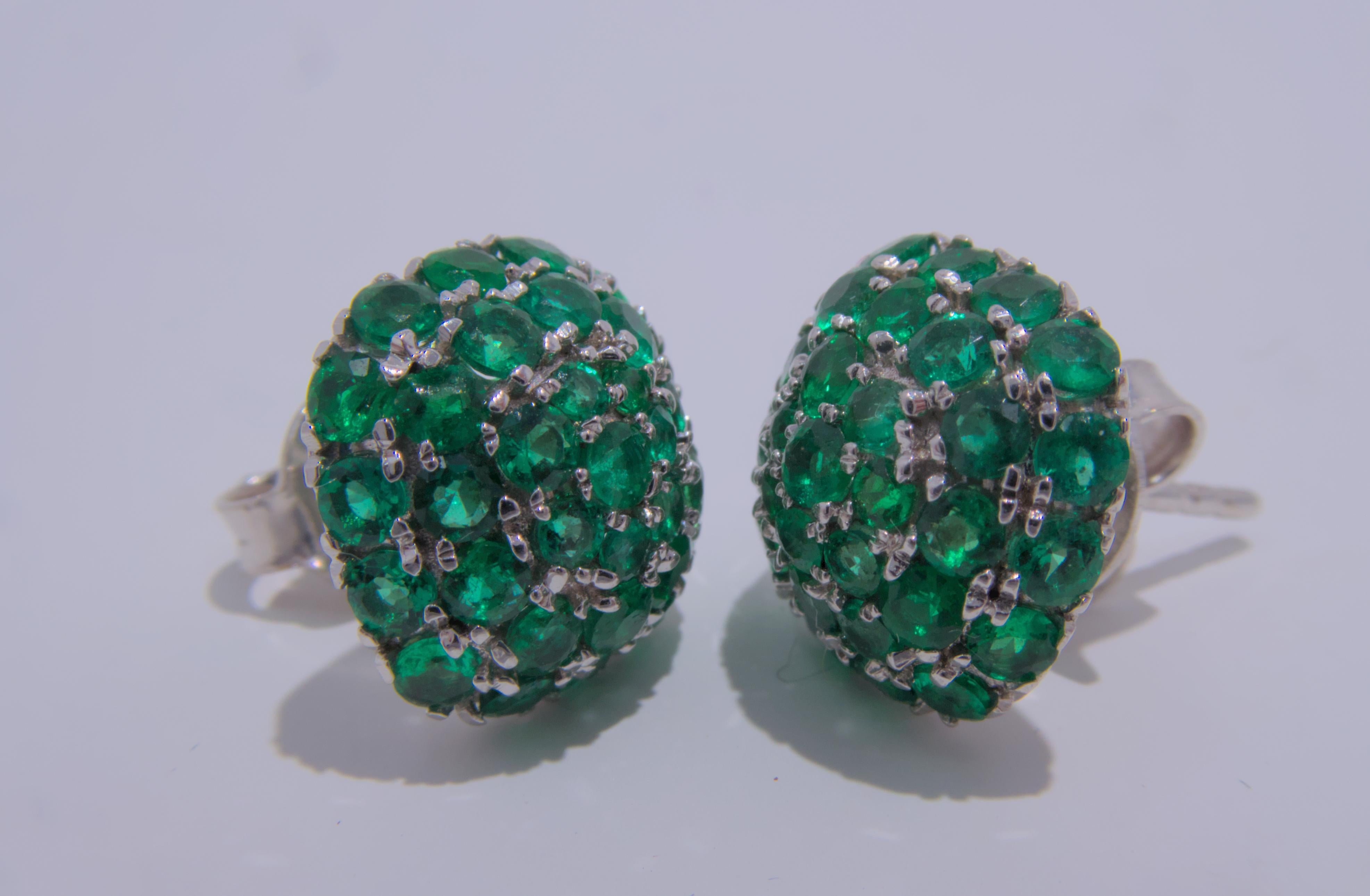 Art Deco 18K White Gold Emerald Cluster Earring Pair For Sale
