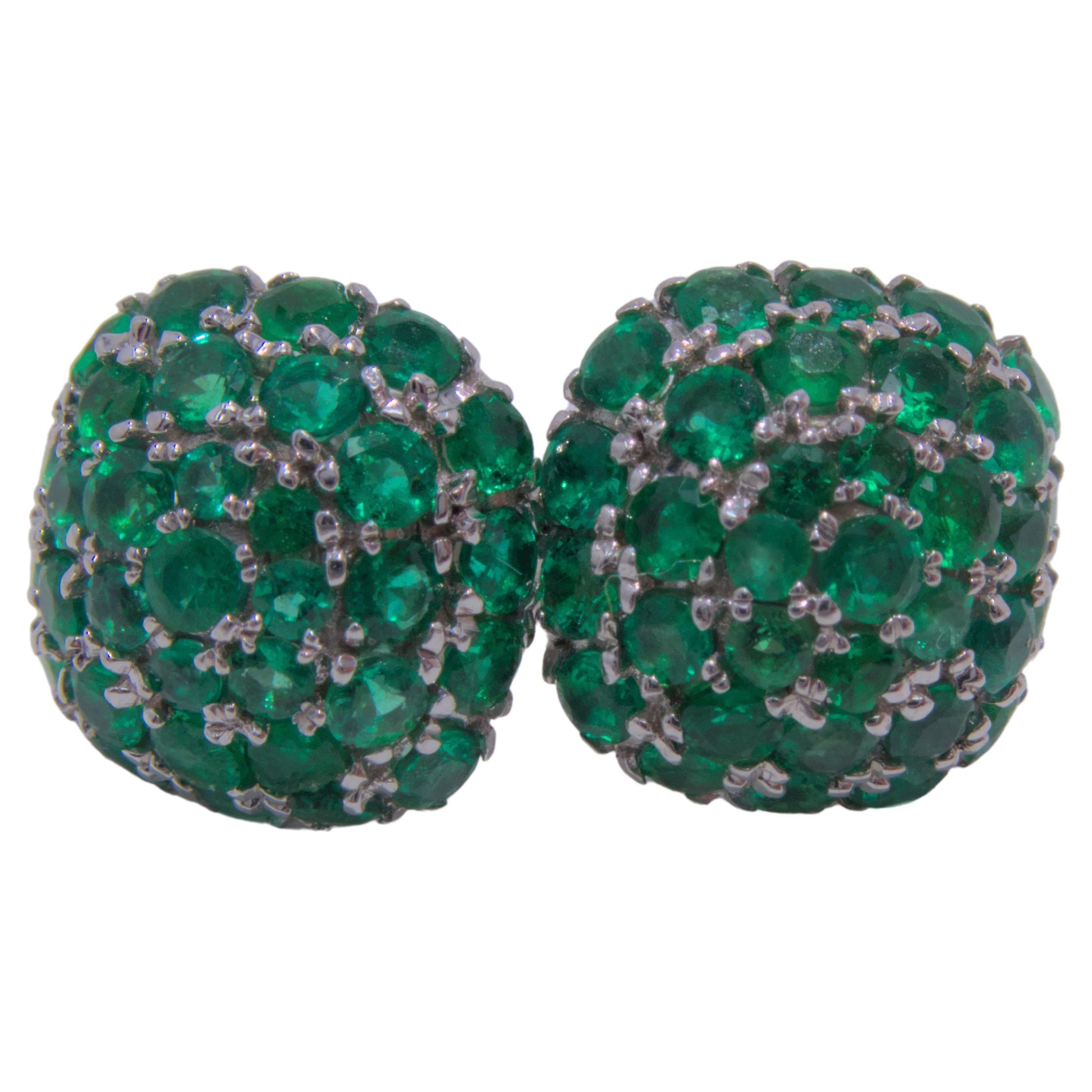 18K White Gold Emerald Cluster Earring Pair For Sale