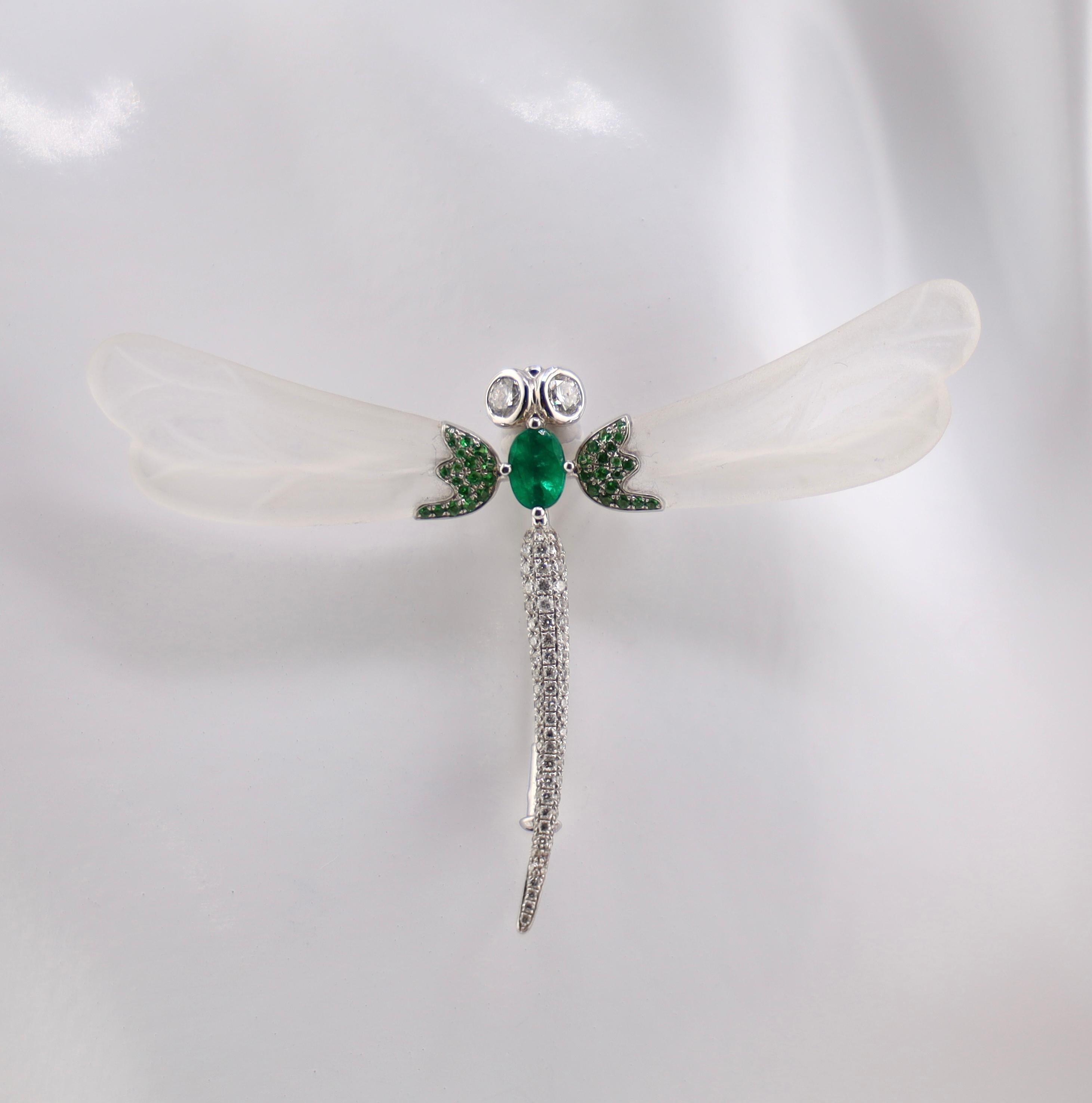 18K White Gold Emerald & Crystal Dragonfly Brooch Pendant with Diamonds For Sale 6