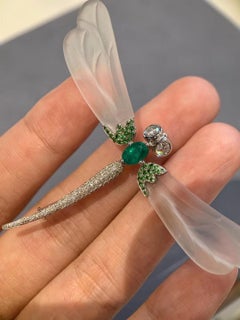 18K White Gold Emerald & Crystal Dragonfly Brooch Pendant with Diamonds