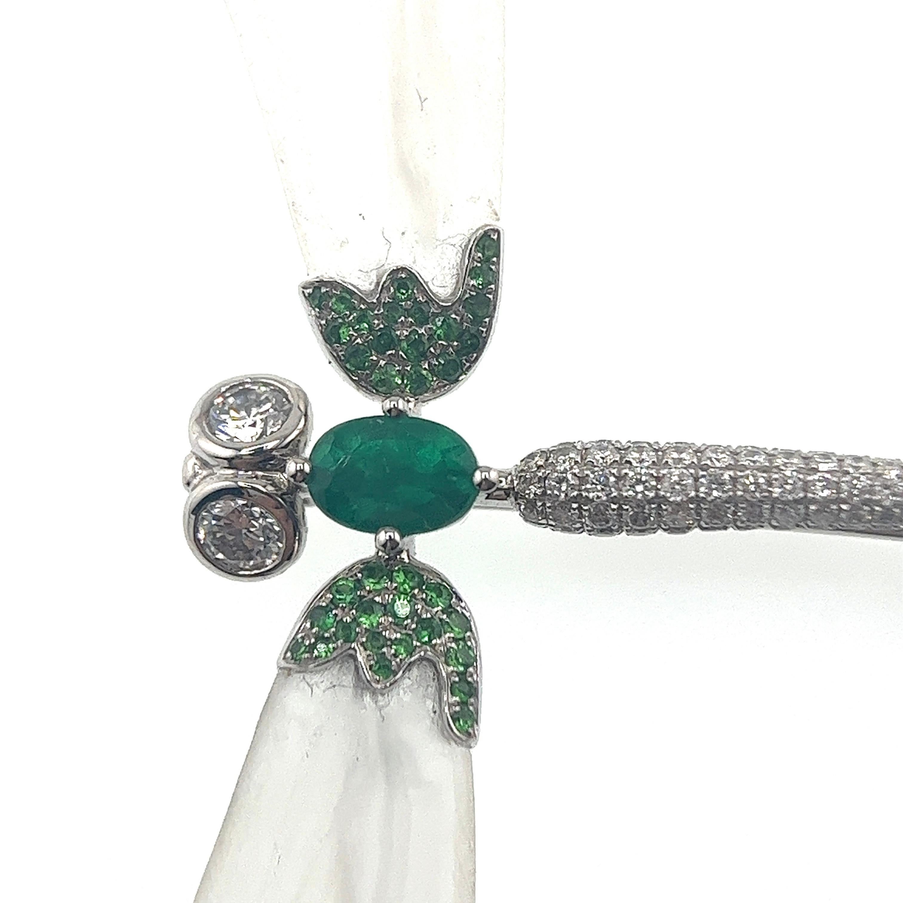 Modern 18K White Gold Emerald & Crystal Dragonfly Brooch Pendant with Diamonds For Sale