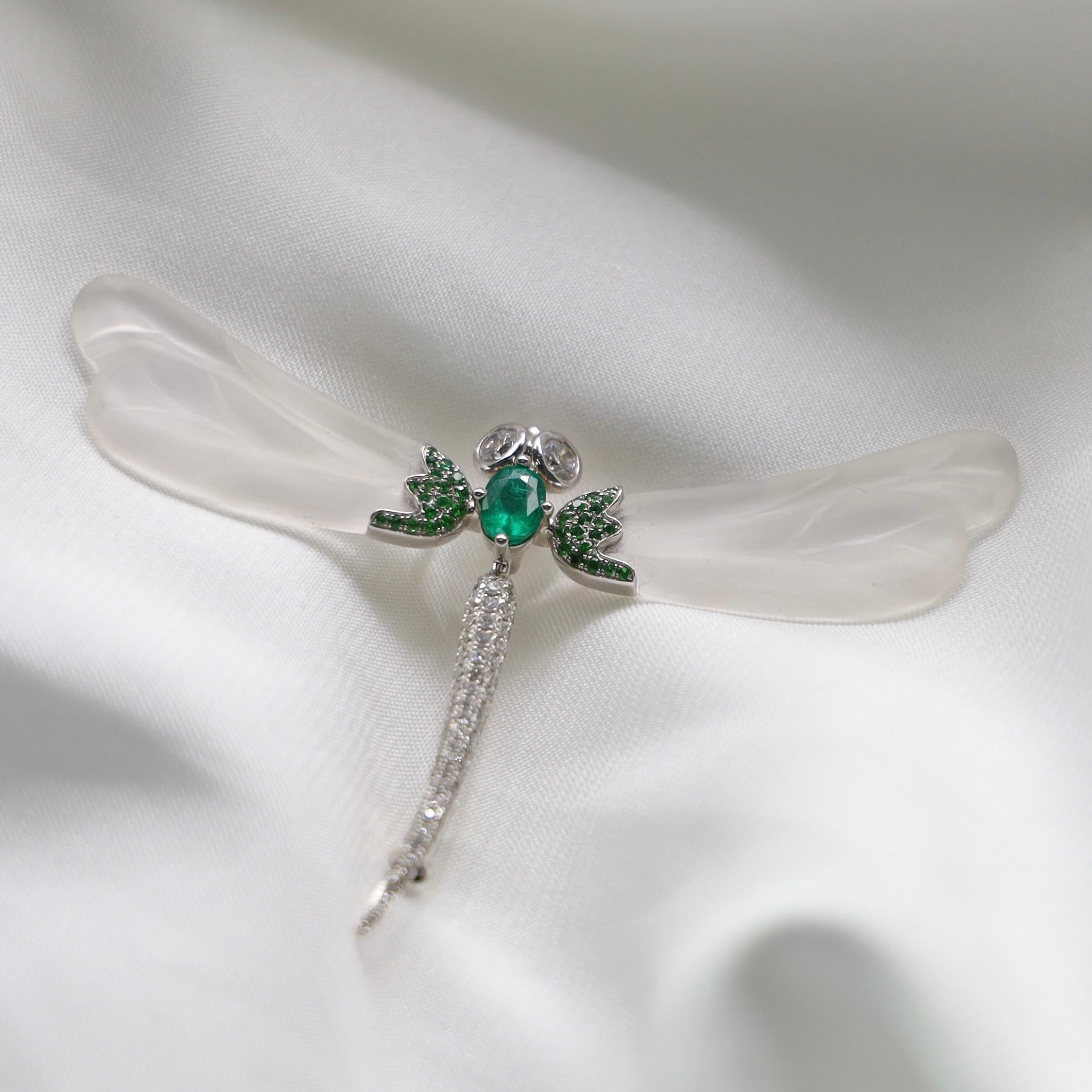 Cushion Cut 18K White Gold Emerald & Crystal Dragonfly Brooch Pendant with Diamonds For Sale