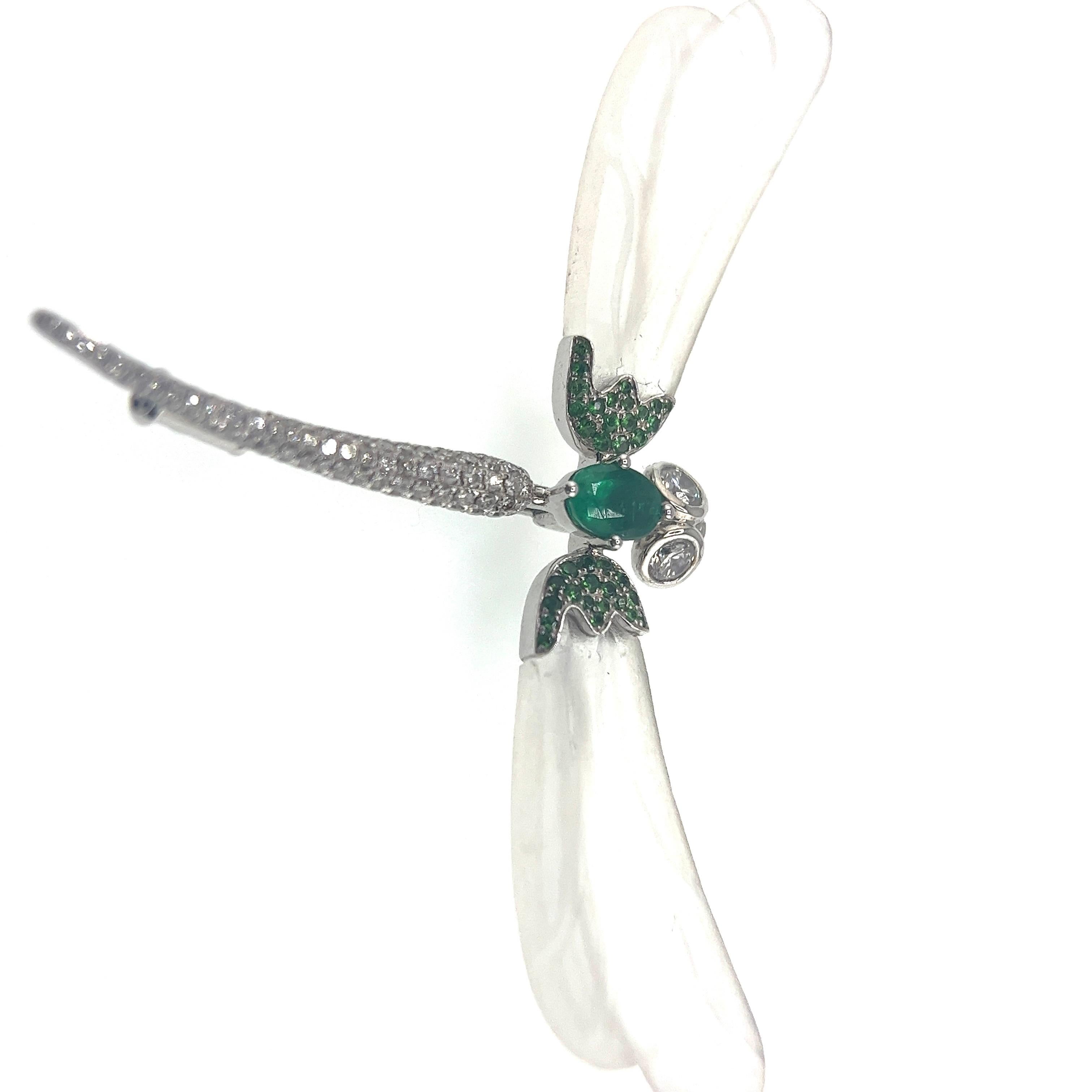 Women's or Men's 18K White Gold Emerald & Crystal Dragonfly Brooch Pendant with Diamonds For Sale