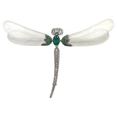 18K White Gold Emerald & Crystal Dragonfly Brooch Pendant with Diamonds