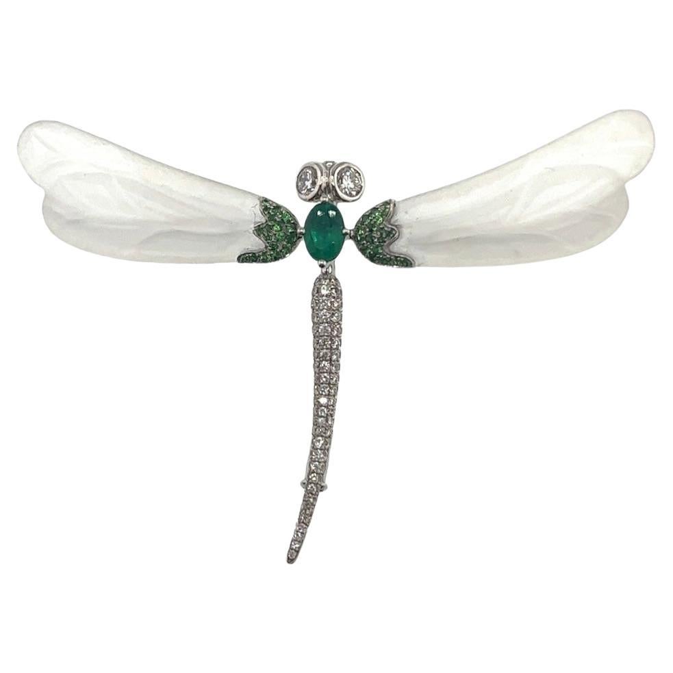 18K White Gold Emerald & Crystal Dragonfly Brooch Pendant with Diamonds