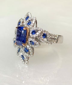 18K White Gold Emerald Cut Blue Sapphire Diamond Ring