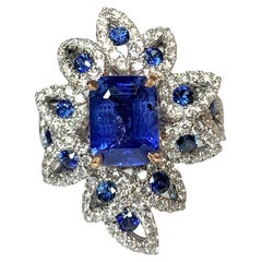 18K White Gold Emerald Cut Blue Sapphire Diamond Ring