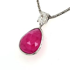 18k White Gold Emerald Cut Diamond and Briollete Ruby Pendant Necklace with GIA