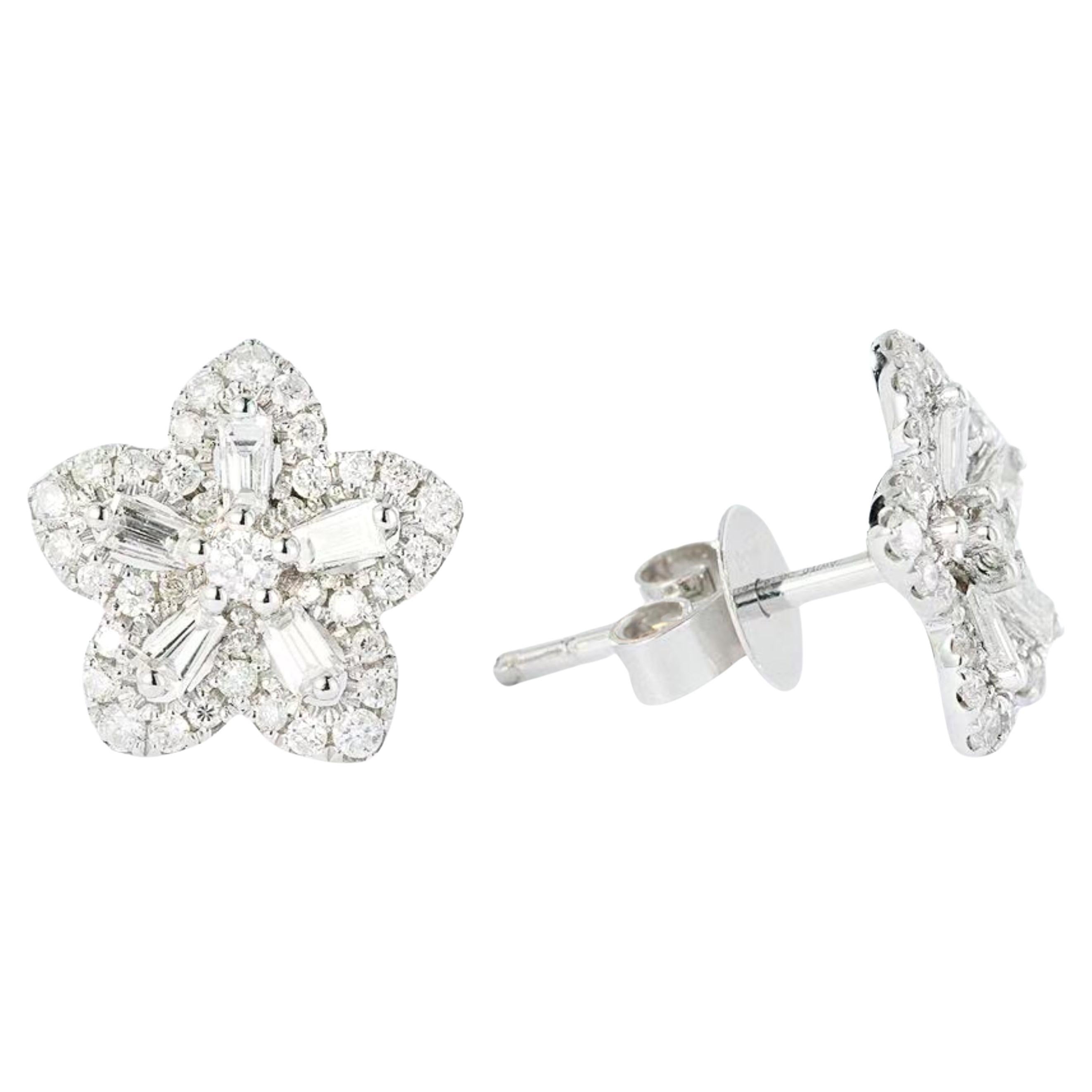 18K White Gold Emerald-Cut Diamond Flower Earrings
