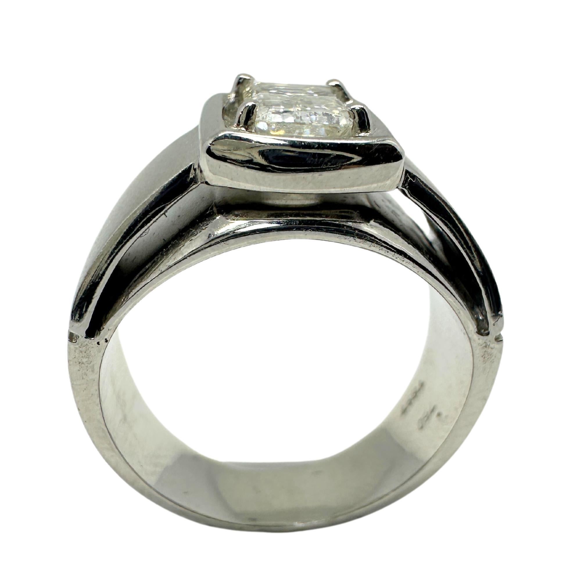 18K White Gold Emerald Cut Diamond Wide Band Ring For Sale 1