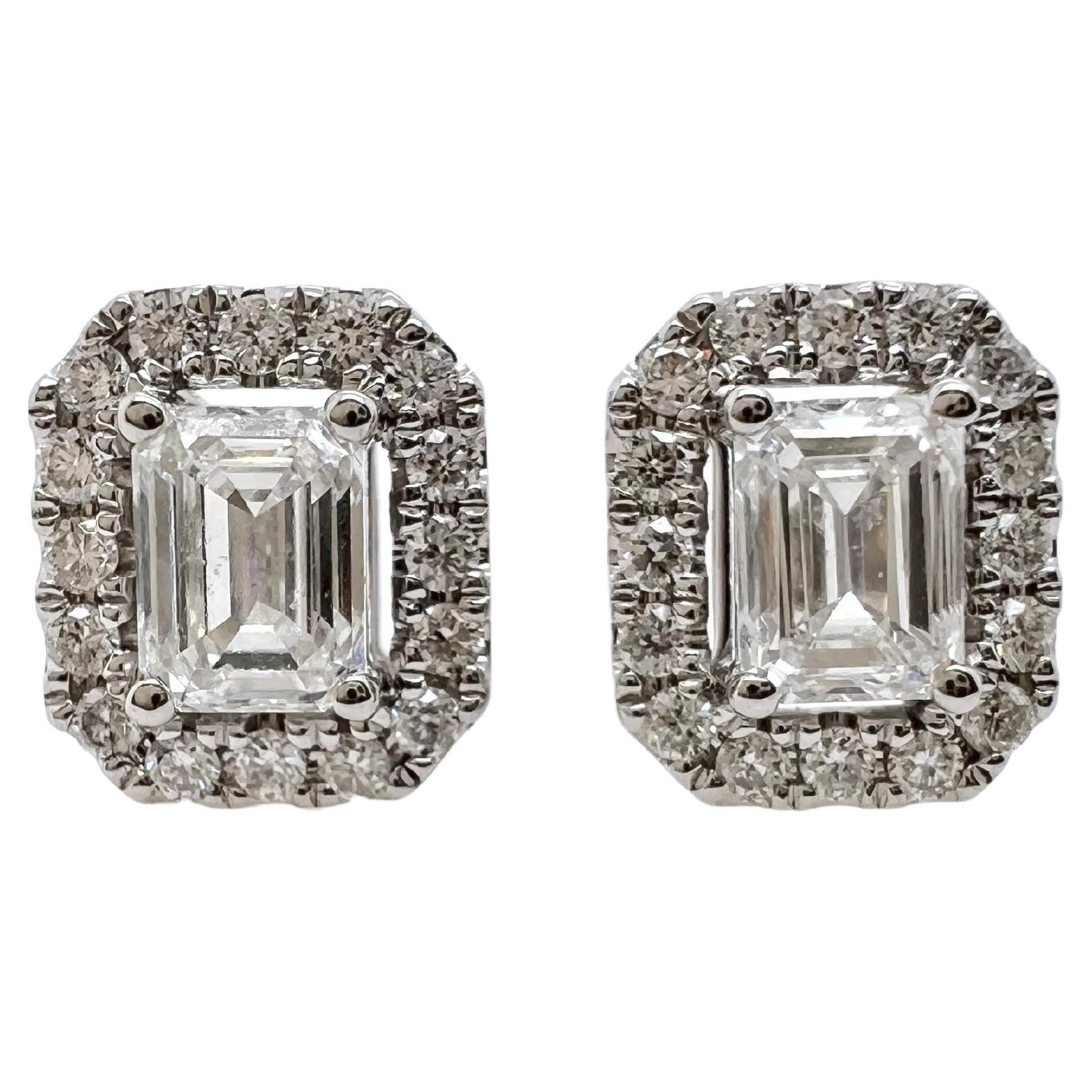 18k White Gold Emerald Cut Diamond with Halo Diamonds Stud Earrings