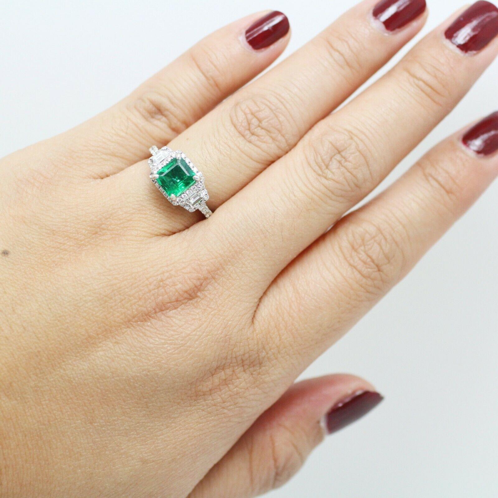 Women's or Men's 18k White Gold Emerald Cut Emerald and Diamond Ring
