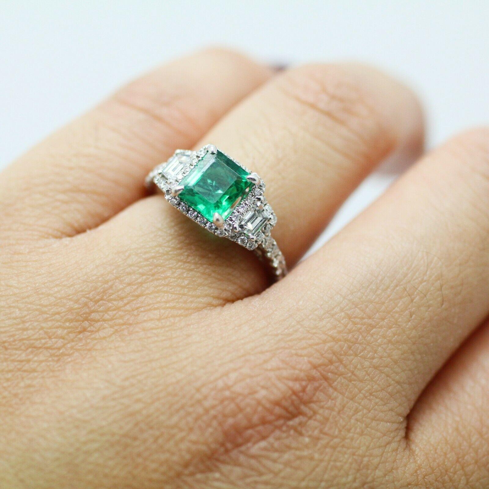 18k White Gold Emerald Cut Emerald and Diamond Ring 1