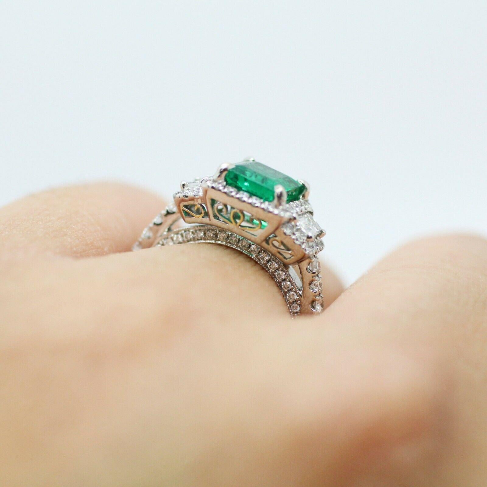 18k White Gold Emerald Cut Emerald and Diamond Ring 2