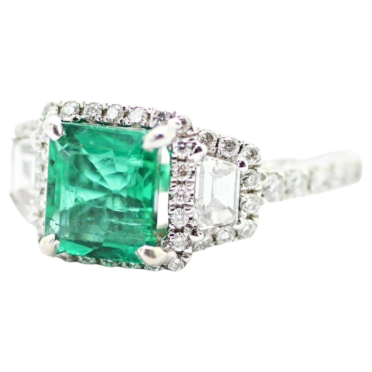 18k White Gold Emerald Cut Emerald and Diamond Ring