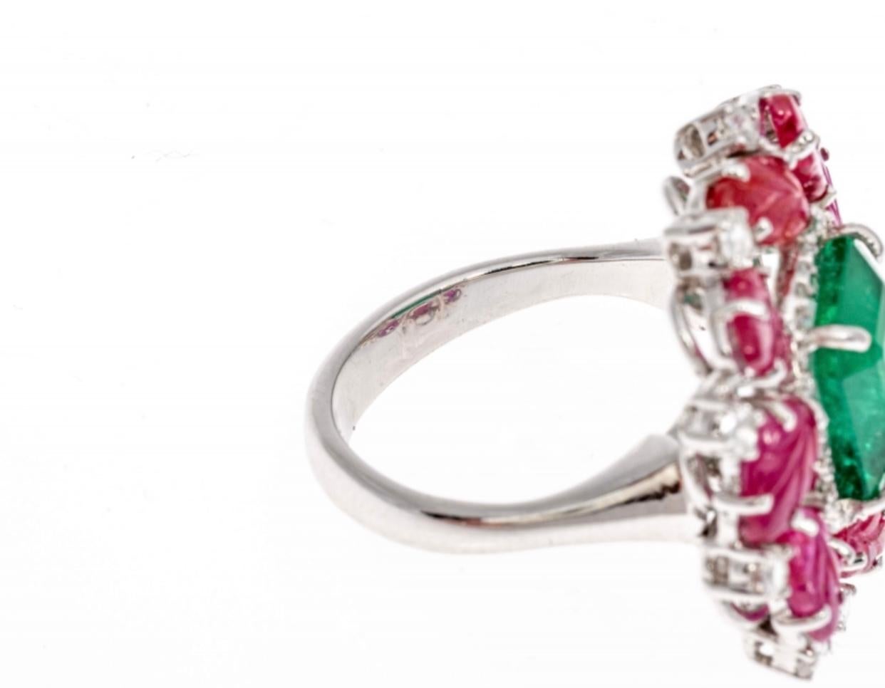 18K White Gold Large Emerald (App. 3.65 CTS), Carved Ruby and Diamond Ring For Sale 5